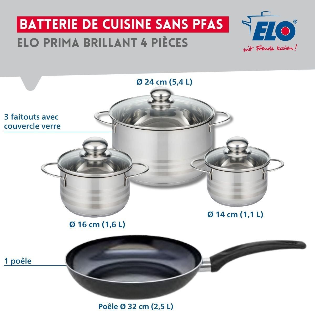 ELO Ensemble de 1 Poêle de cuisson 32 cm et 3 faitouts 14, 16 et 24 cm Elo Prima Brillant