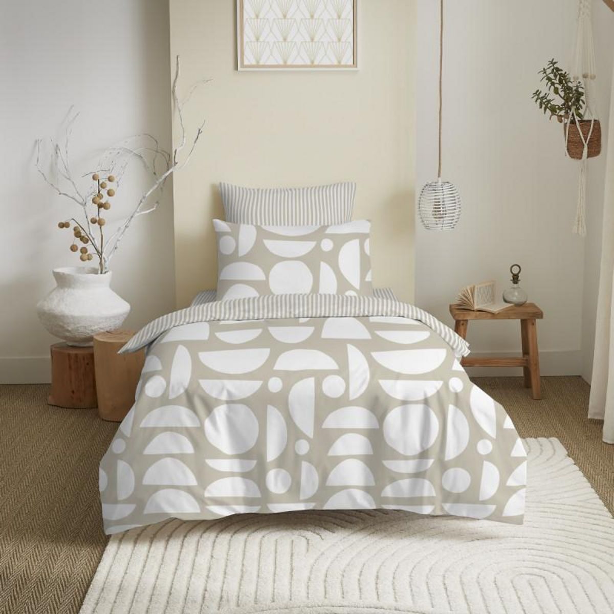 COTON PUR Pack complet housse de couette réversible pour lit 90 x 190 cm Mykonos naturel