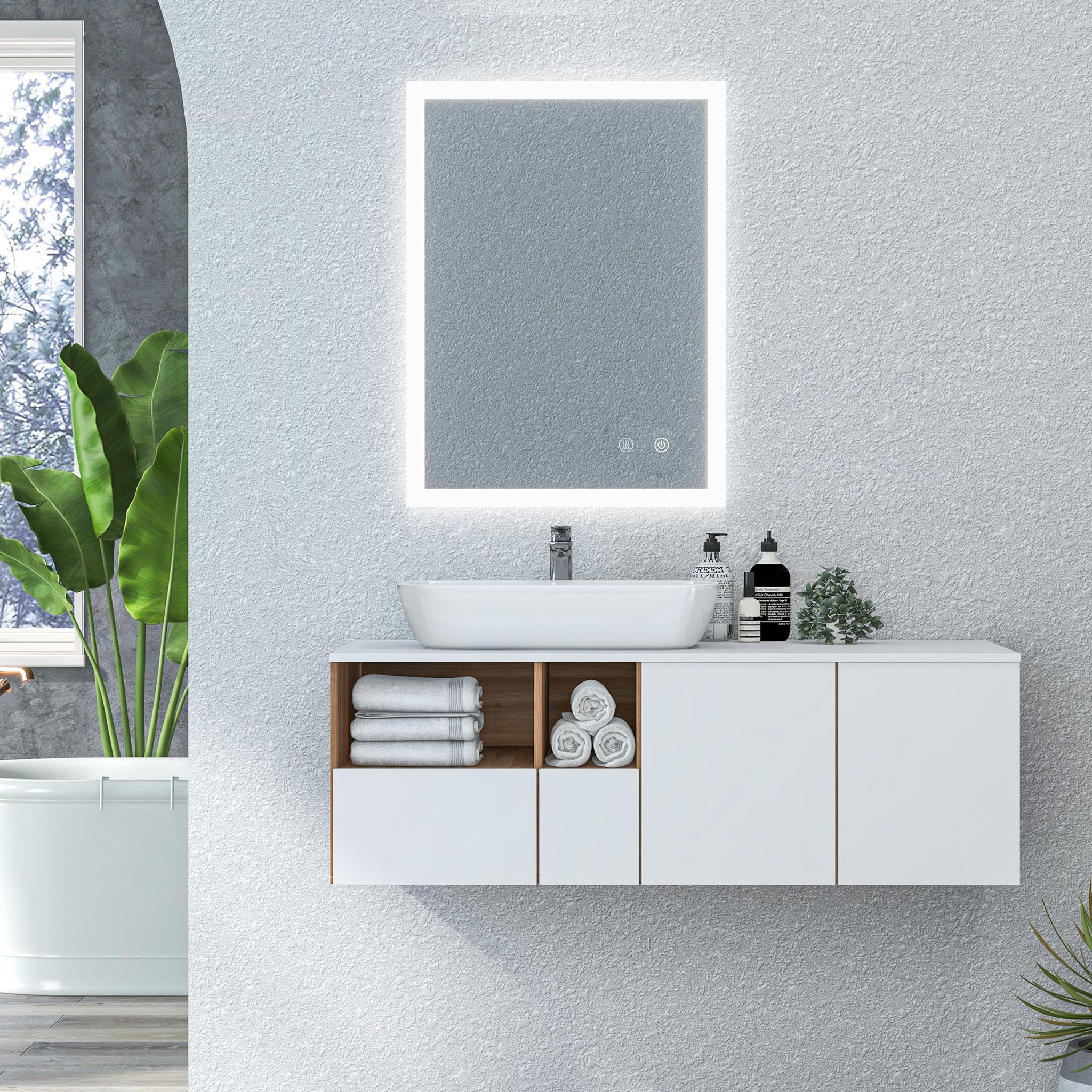 Voir la diapositive 2 : KLEANKIN Miroir mural lumineux led de salle de bain - 80 x 60 cm - avec 3 couleurs, luminosité réglable interrupteur tactile système antibuée transparent