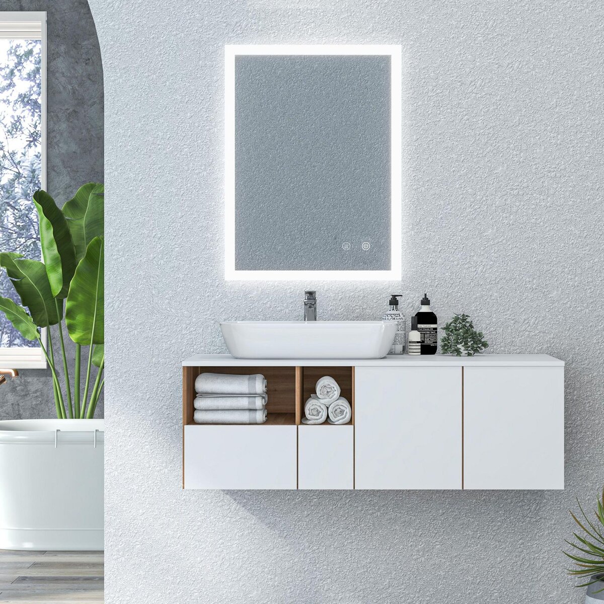 KLEANKIN Miroir mural lumineux LED de salle de bain - 80 x 60 cm - avec 3 couleurs, luminosité réglable interrupteur tactile système antibuée transparent
