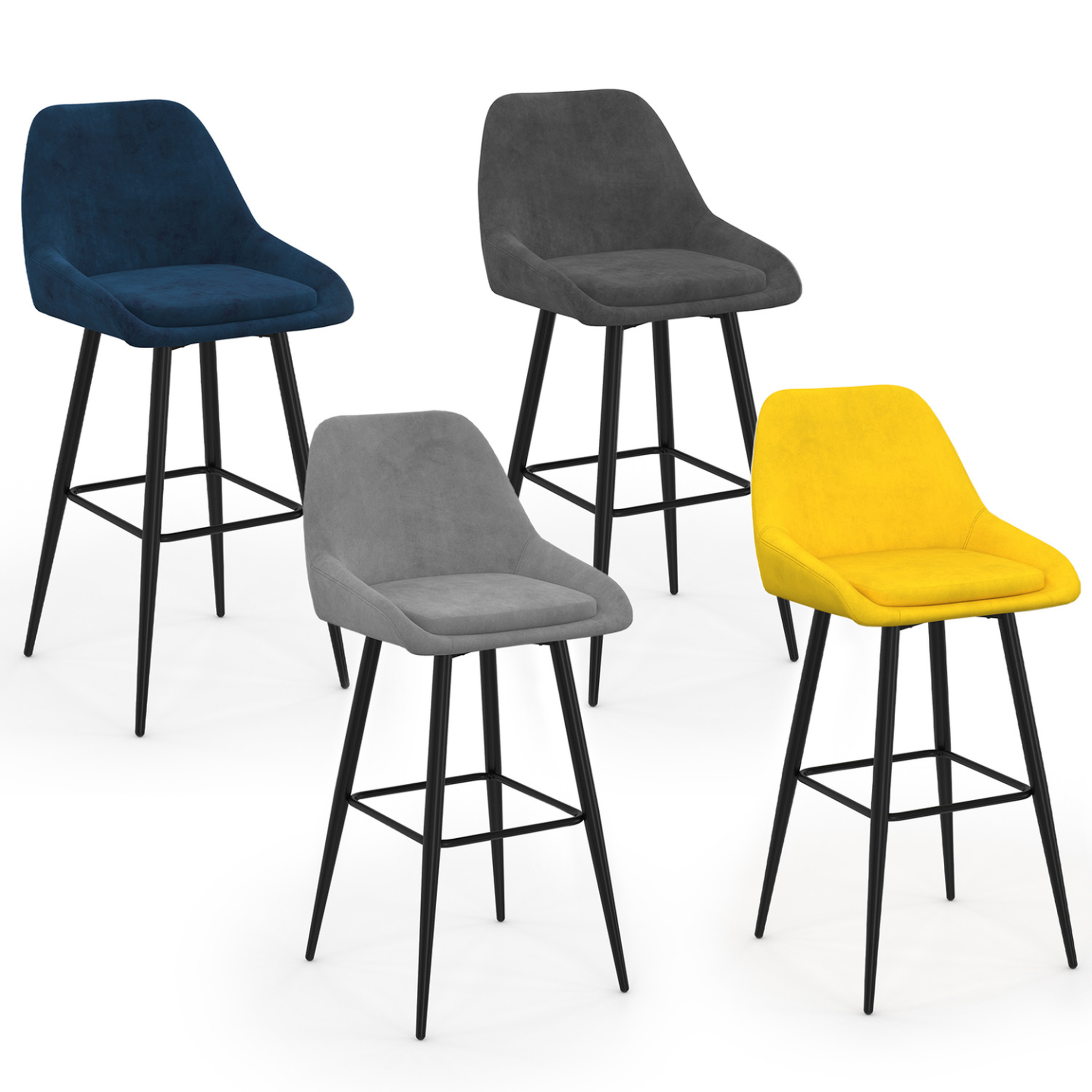 ID MARKET Lot de 4 tabourets de bar thalya en velours mix color bleu, gris clair, gris foncé, jaune avec demi-accoudoirs