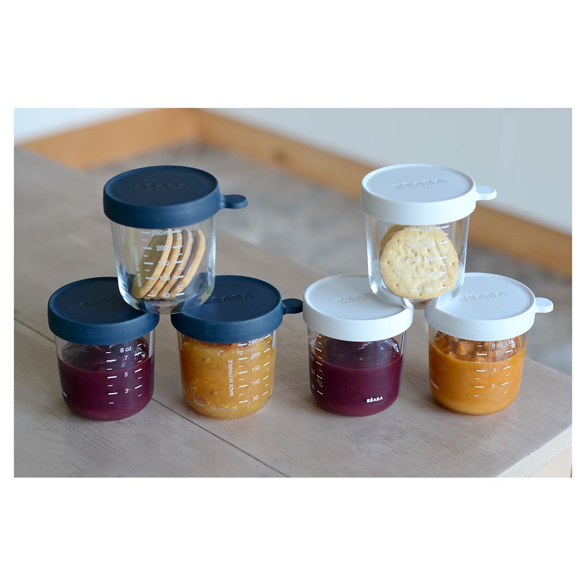 BEABA Pack 6 portions verre ( 250 ml dark blue  / 250 ml light miste)