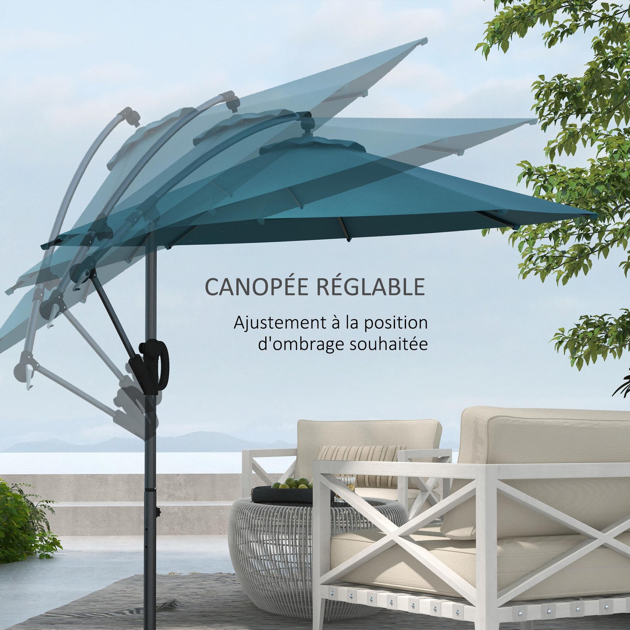 Voir la diapositive 5 : OUTSUNNY Parasol déporté octogonal inclinable Ø 2,93 x 2,60 m avec pied métal époxy alu bleu canard