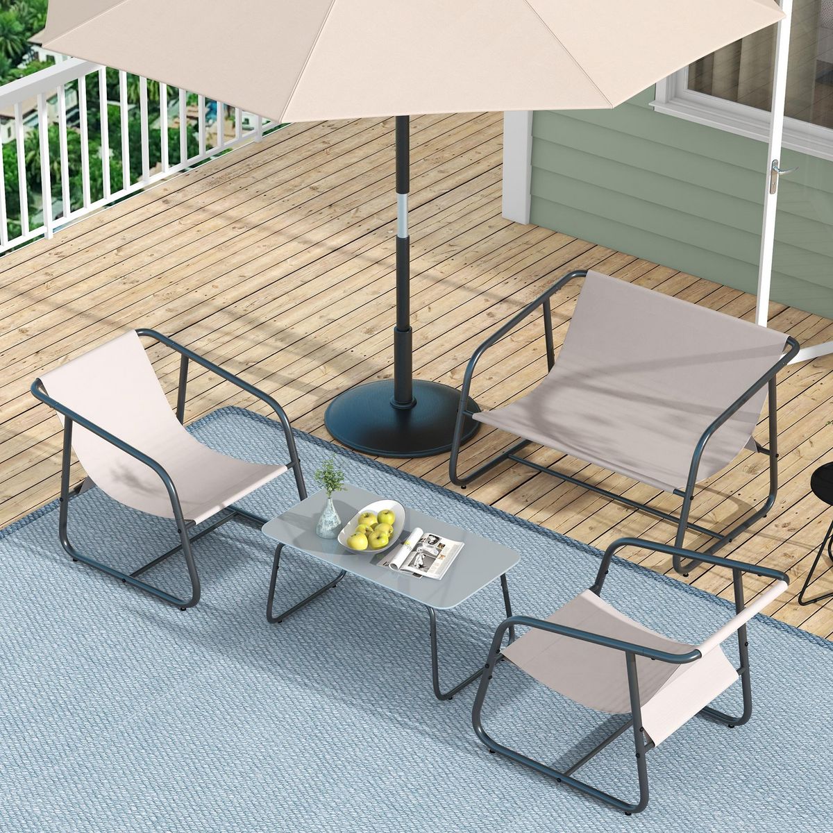 OUTSUNNY Salon de jardin 4 personnes 4 pièces acier noir teslin haute densité blanc cassé