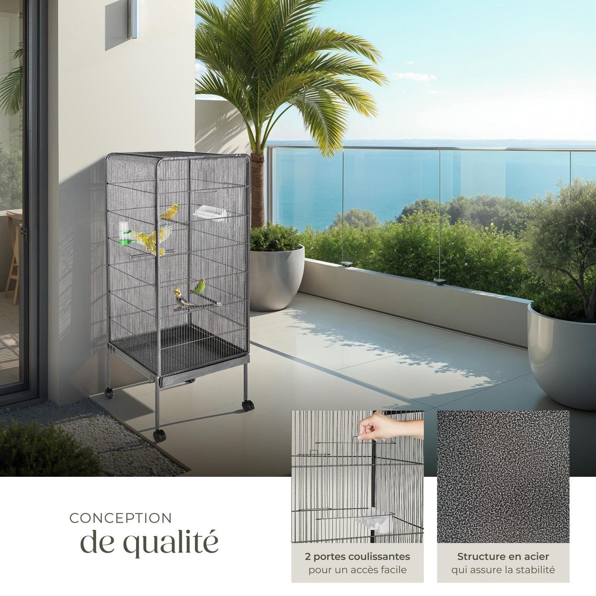 tectake Cage à oiseaux en finition martelée gris anthracite