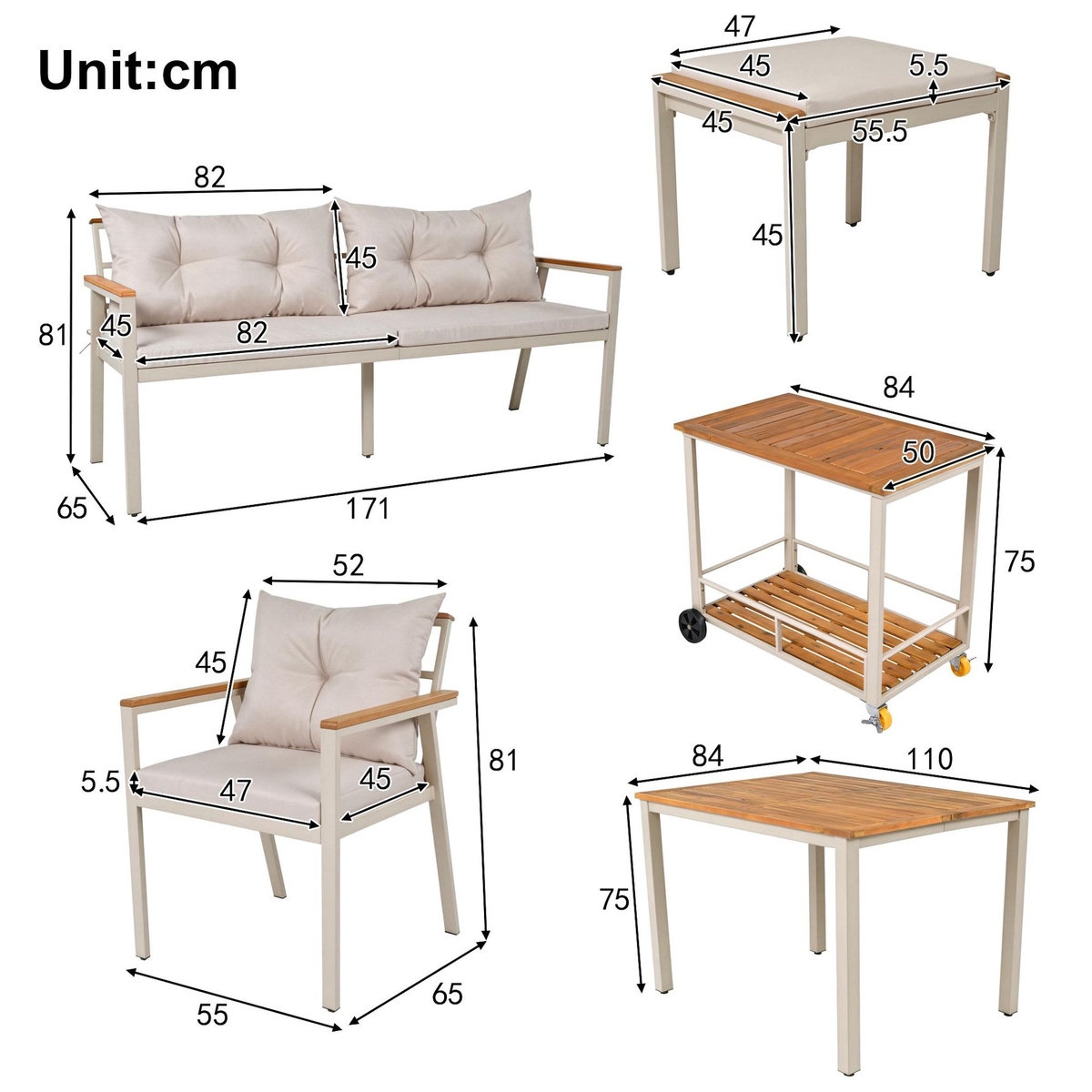 MERAX Salon de jardin 6-7 places avec table, chaises, canapé et chariot amovible