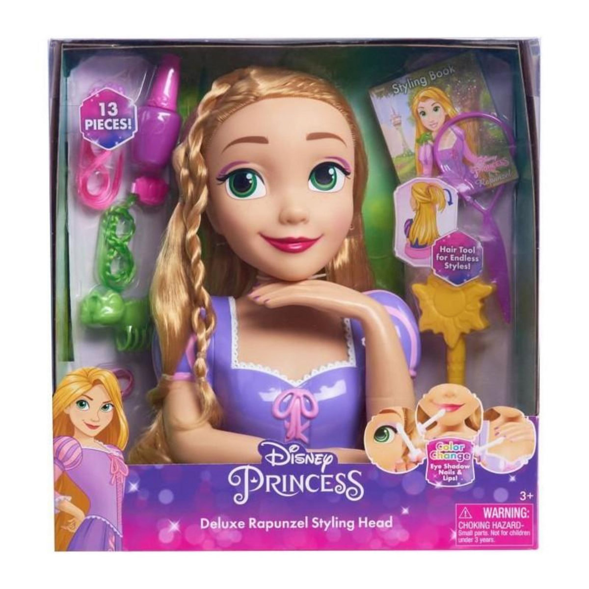 Tete a coiffer - DISNEY PRINCESSES - Tete a Coiffer Raiponce Deluxe - 12 accessoires, faux flacon de vernis, guide coiffure