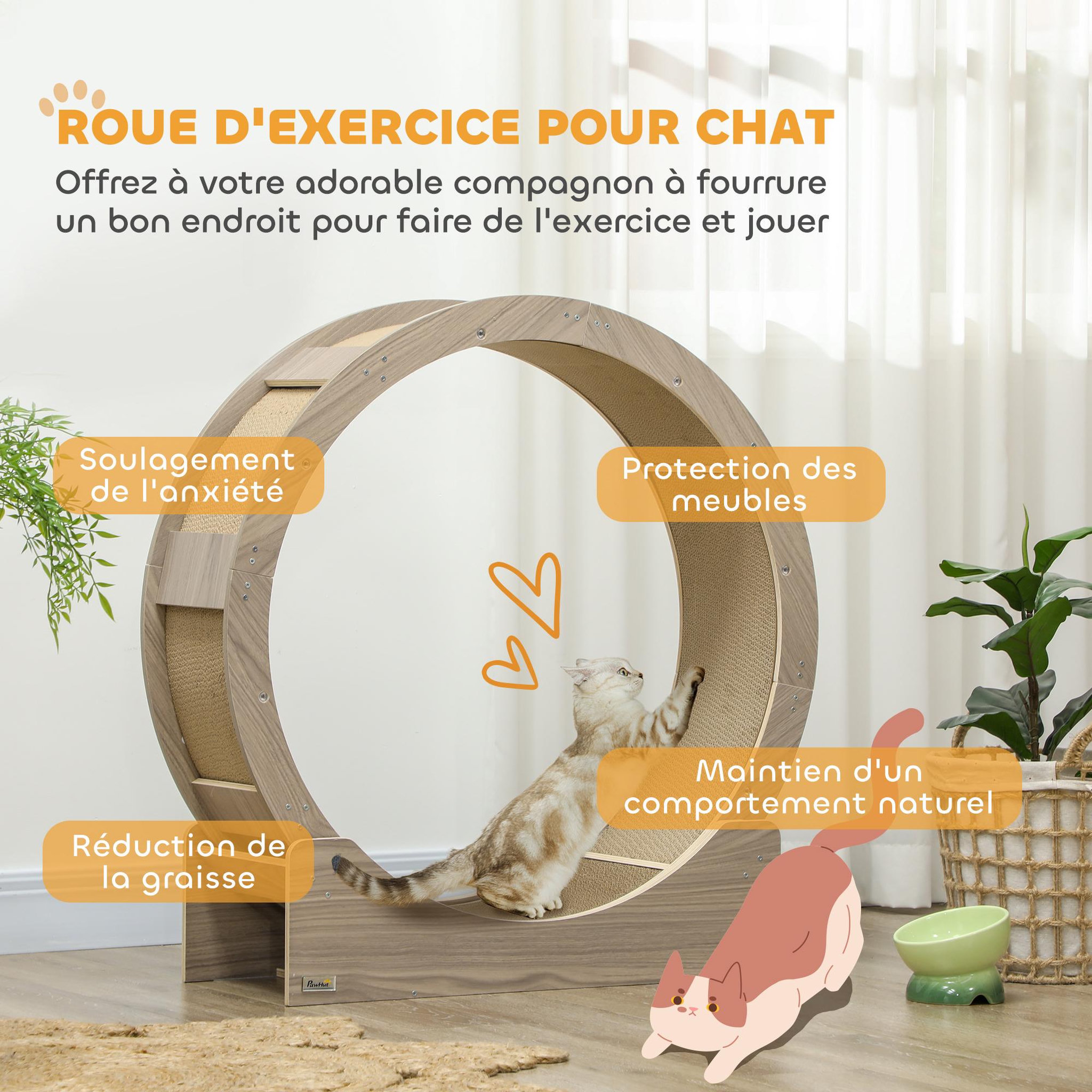 Voir la diapositive 6 : PAWHUT Roue d'exercice pour chat - frein, grattoirs - dim. 91l x 33,5p x 94h cm - aspect bois brun