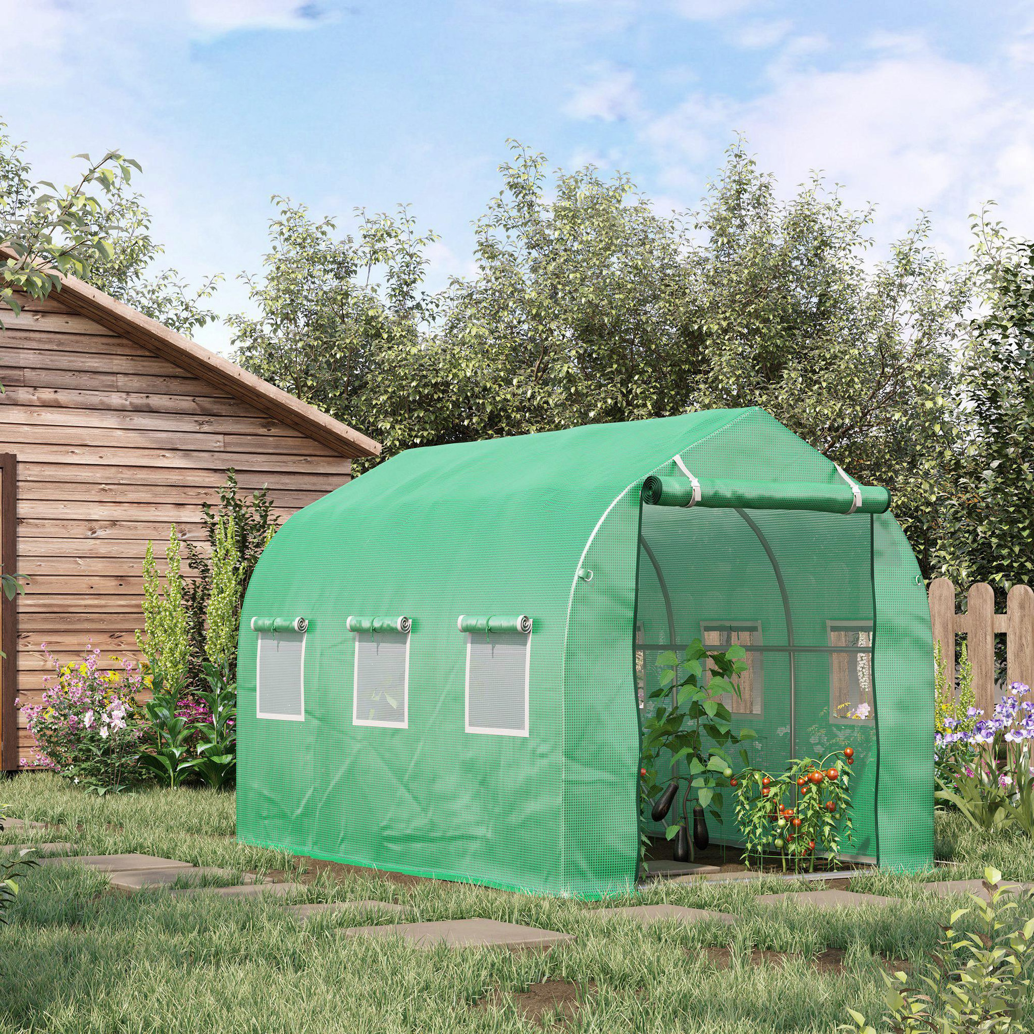 Voir la diapositive 2 : OUTSUNNY Serre de jardin tunnel 6 m² 6 fenêtres porte zippée acier galvanisé pe vert