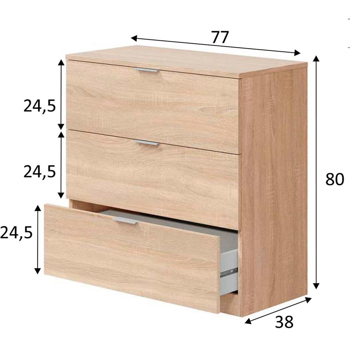 VS VENTA-STOCK Commode de niut Santi 3 tiroirs couleur chêne, 77 cm largeur