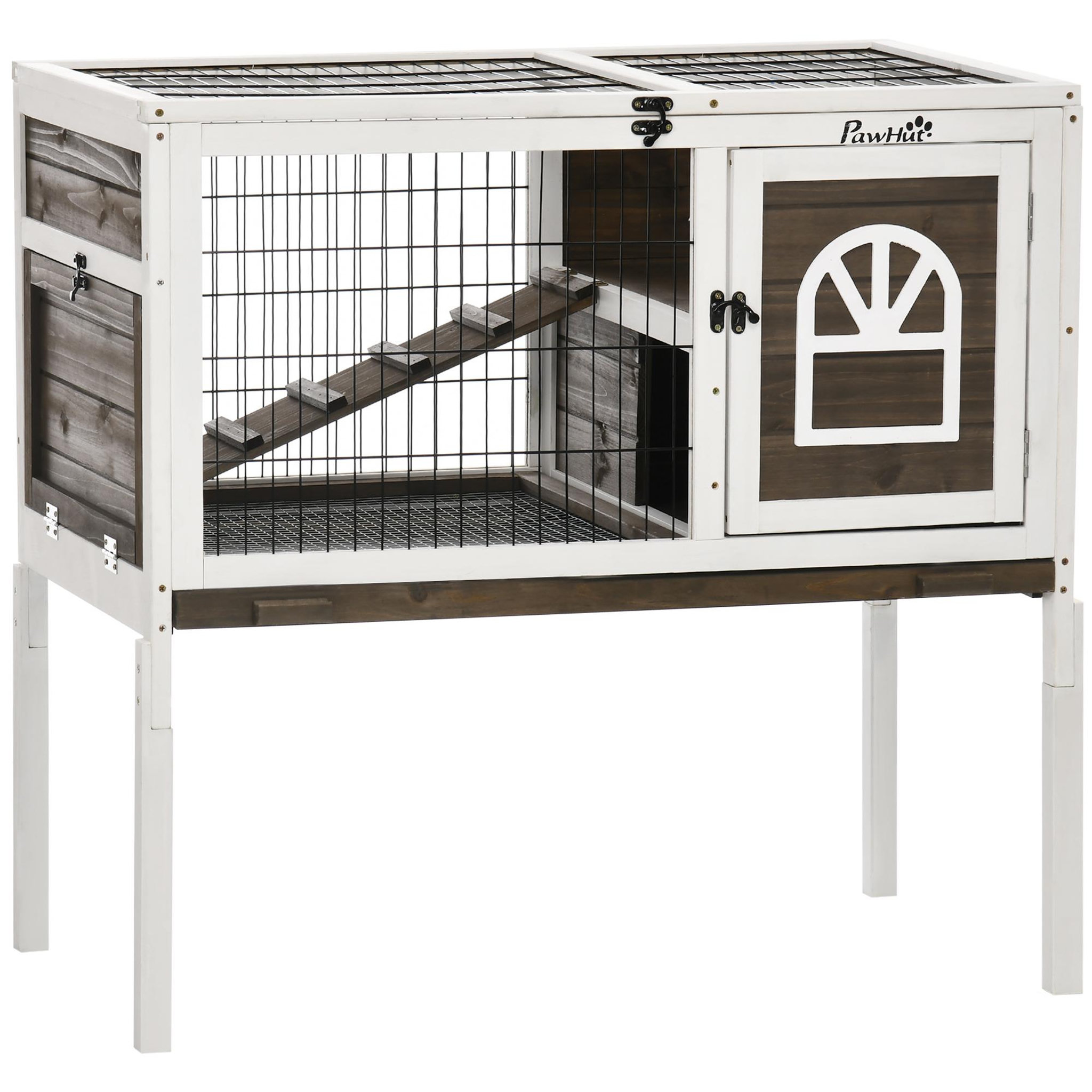 PAWHUT Clapier cage à lapin - 2 portes verrouillables, toit ouvrant, plateau excrément - bois foncé blanc