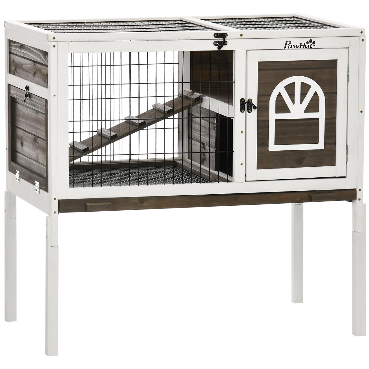 PAWHUT Clapier cage à lapin - 2 portes verrouillables, toit ouvrant, plateau excrément - bois foncé blanc