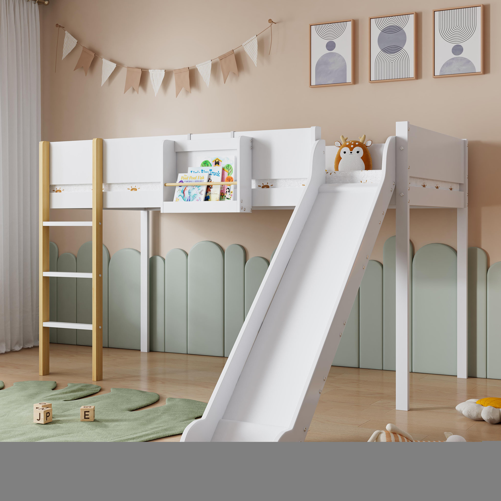 Voir la diapositive 2 : MERAX Lit enfant mi hauteur 90x200cm pin coloris blanc+naturel