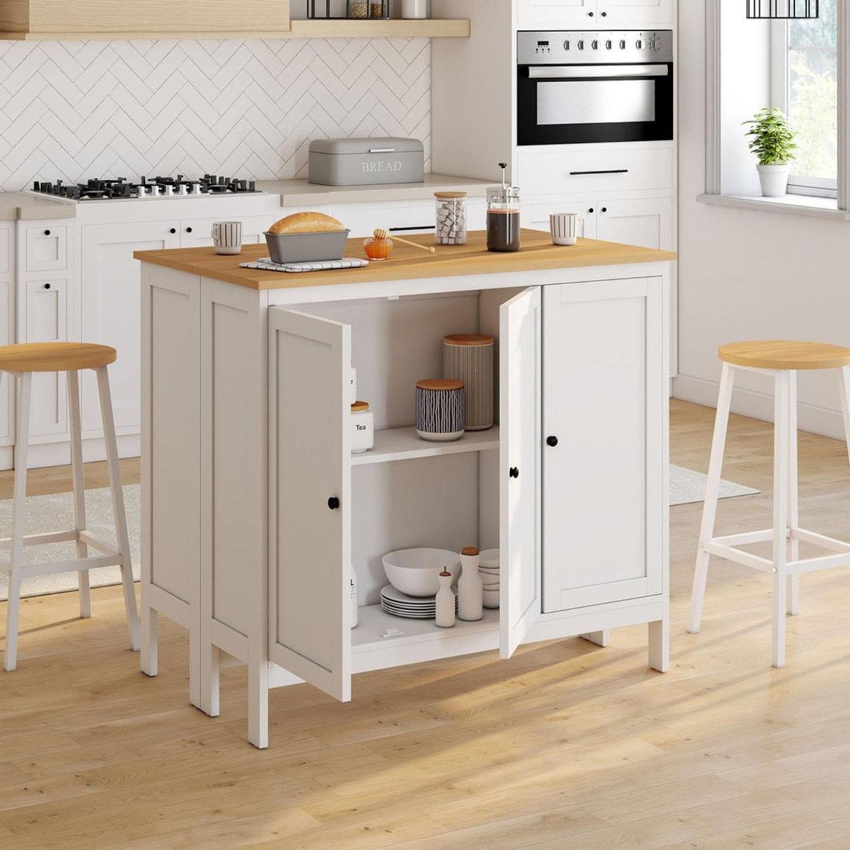 ID MARKET Ensemble table de bar îlot Achille et 2 tabourets bois blanc plateau façon hêtre