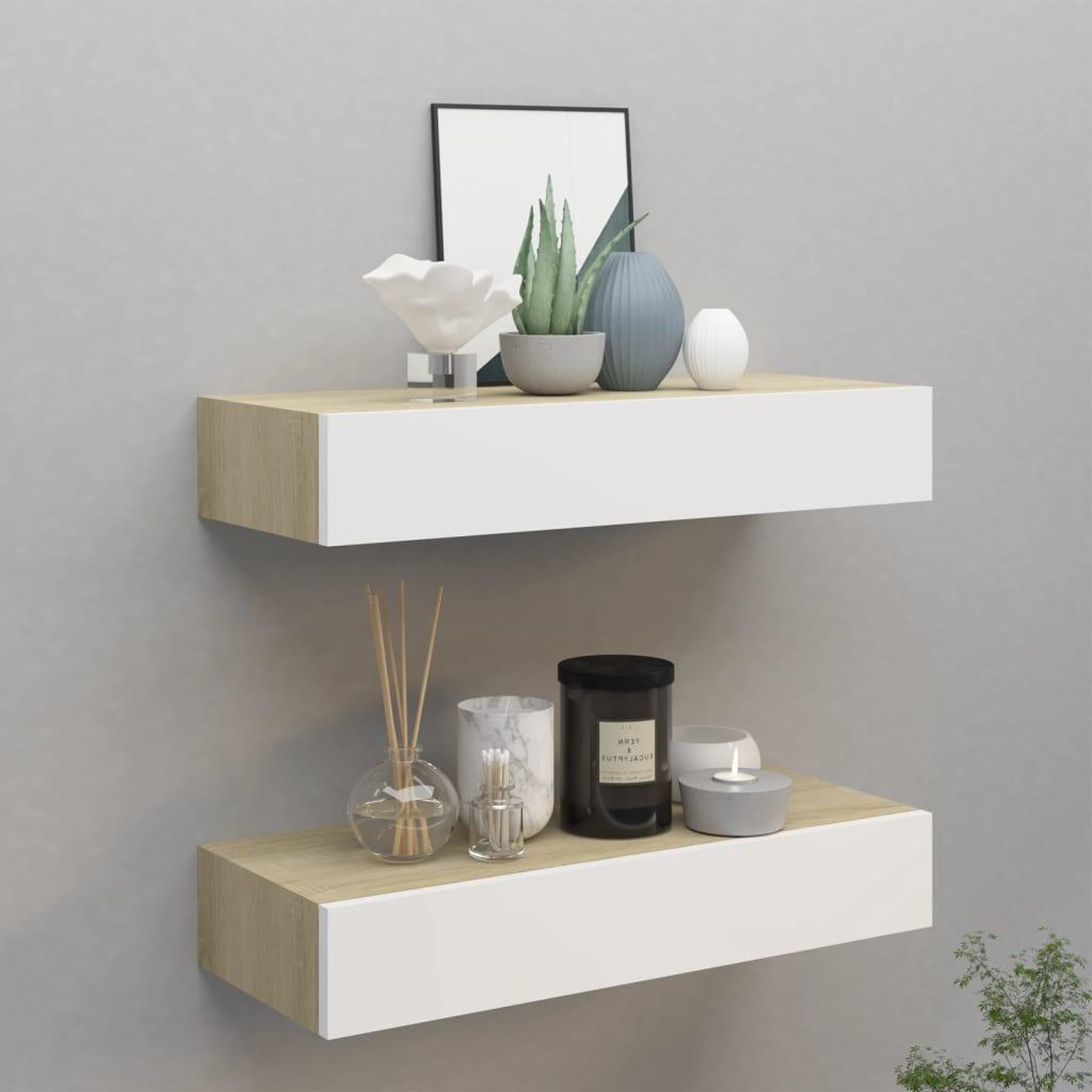 Voir la diapositive 1 : VIDAXL Etageres a tiroir murales 2 pcs Chene et blanc 60x23,5x10cm MDF