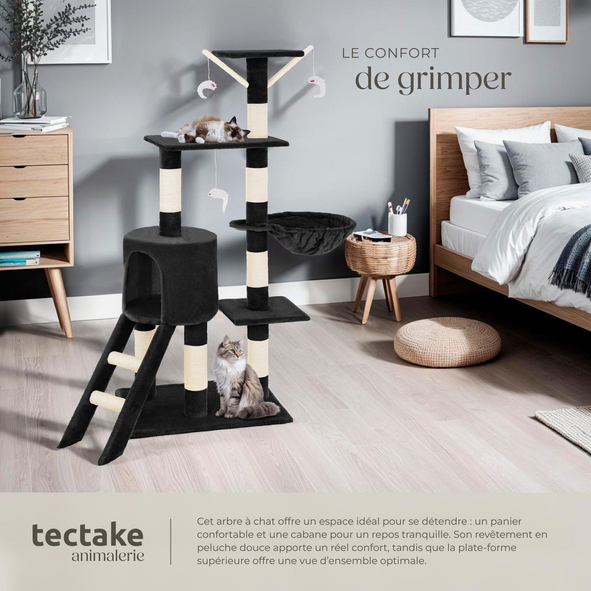 tectake Arbre à chat 144 cm avec griffoir et plateforme d'escalade noir