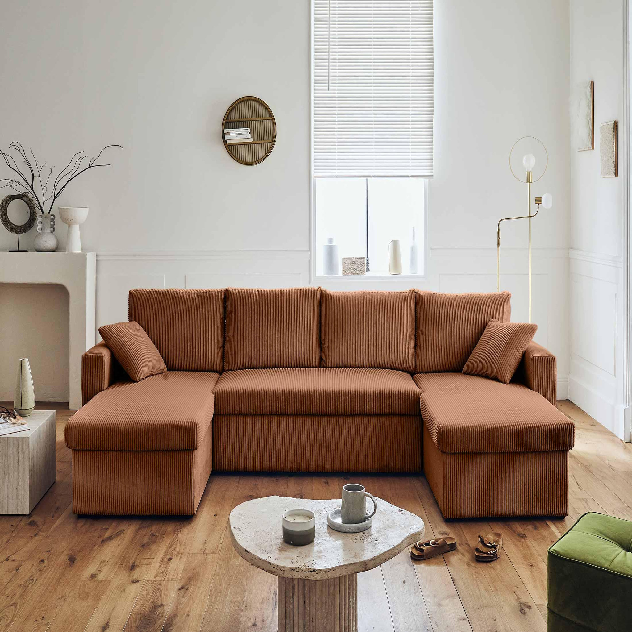 BEST MOBILIER Cyrus - canapé panoramique en u - 7 places - convertible avec coffre - en velours côtelé. Coloris disponibles : Gris, Vert, Beige, Bleu