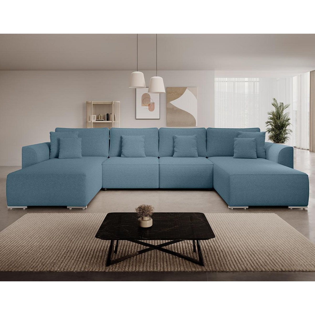 BEST MOBILIER Gabriel - canapé panoramique en u 7 places convertible avec coffre en tissu texturé