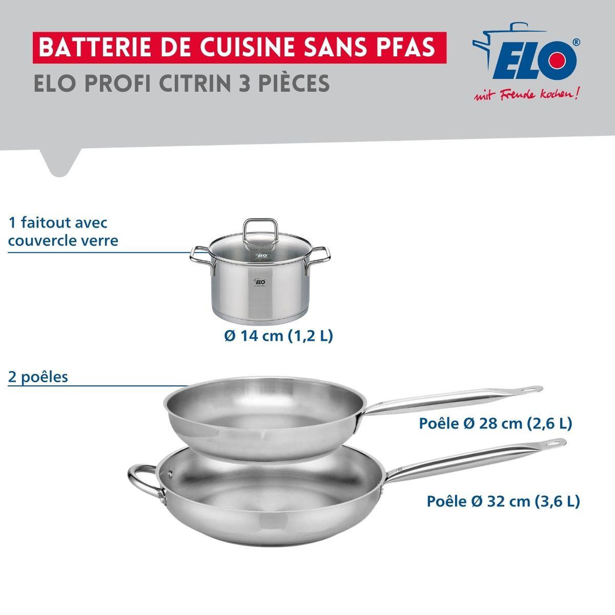 Voir la diapositive 2 : ELO Ensemble de 2 Poêles de cuisson 28 et 32 cm et 1 faitout 14 cm Elo Profi Citrin