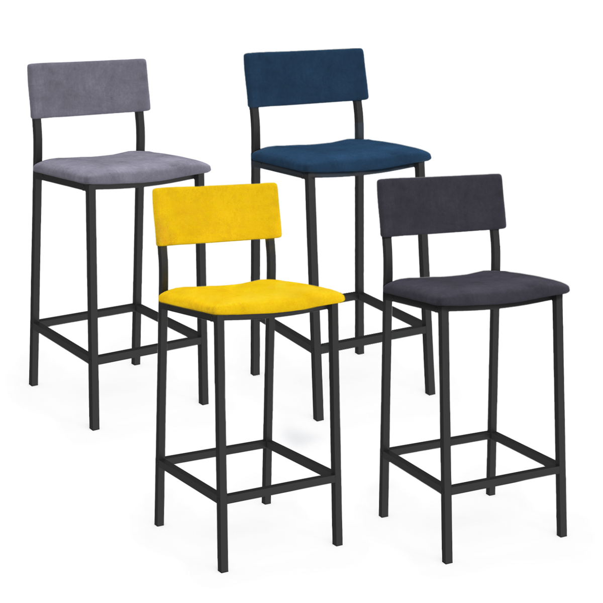 ID MARKET Lot de 4 tabourets de bar AUBIN avec dossier chaise de cuisine velours mix color bleu, gris clair, gris foncé, jaune