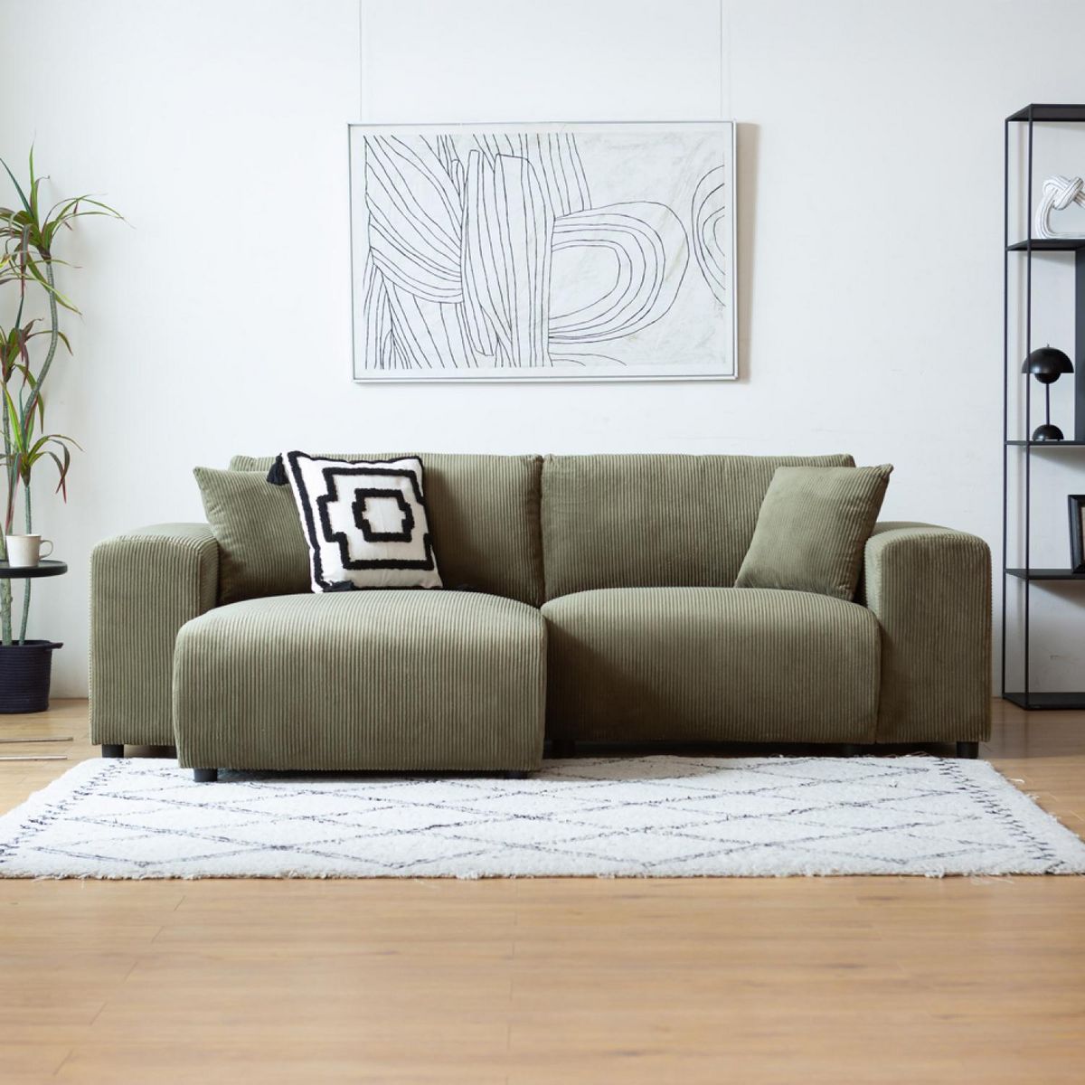 CONCEPT USINE Canapé d'angle réversible 3 places en velours côtelé vert ABERDEEN