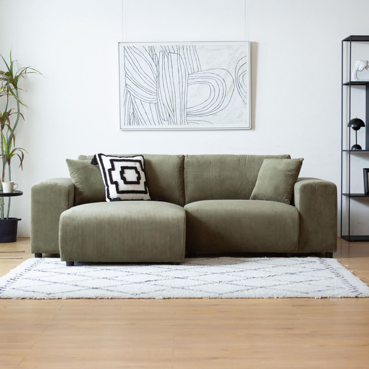 CONCEPT USINE Canapé d'angle réversible 3 places en velours côtelé vert ABERDEEN