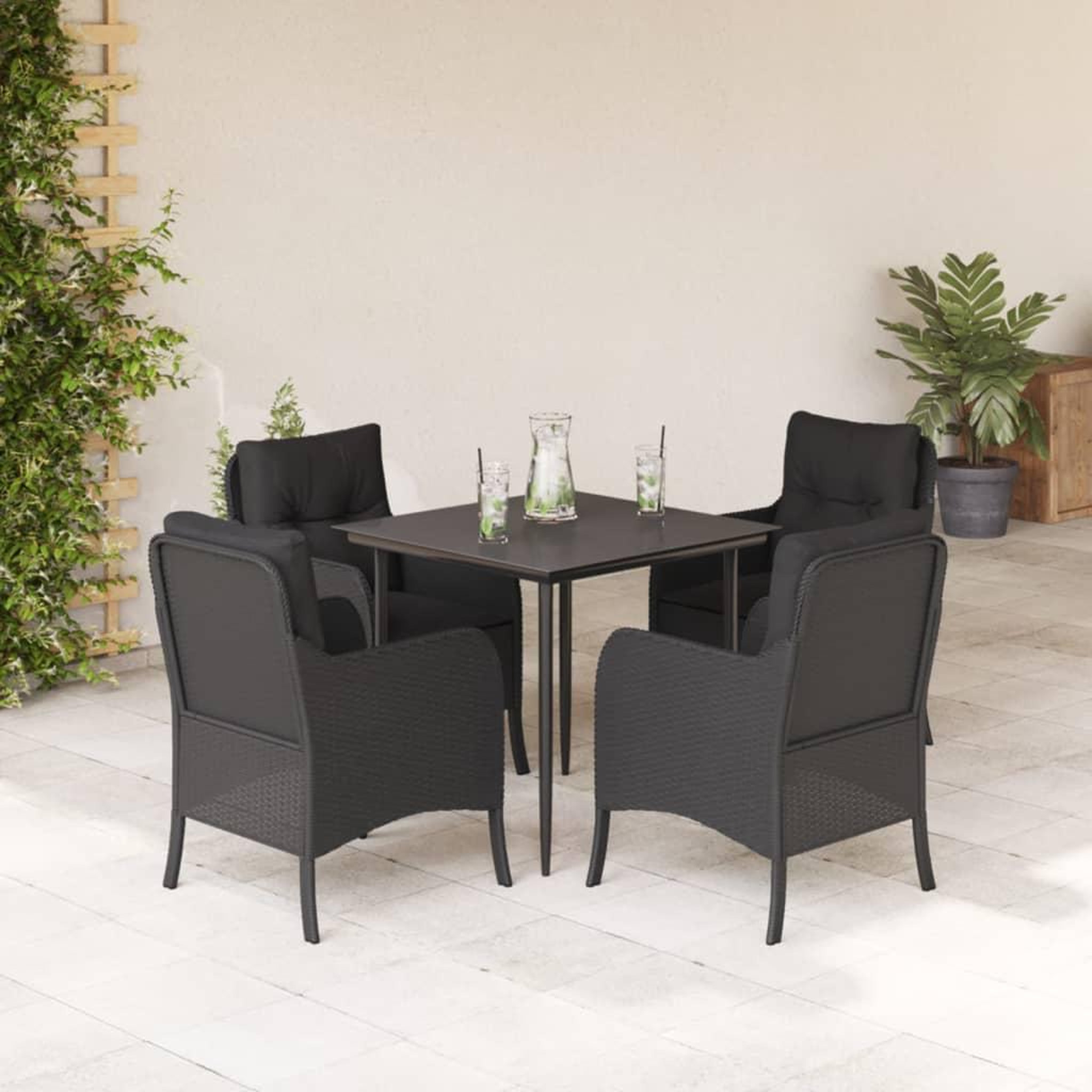 VIDAXL Ensemble a manger de jardin coussins 5pcs Noir Resine tressee