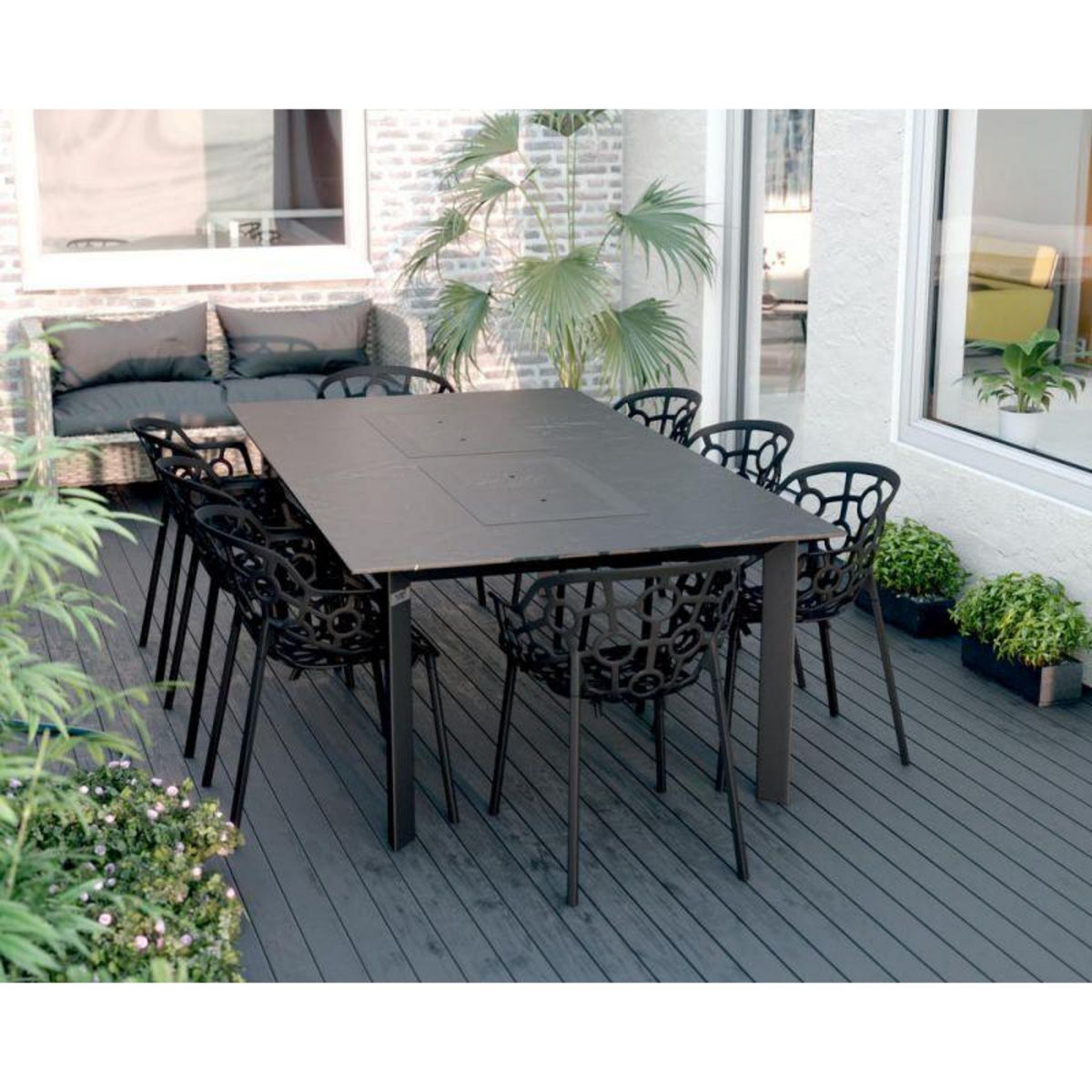 PLAY4FUN Table de jardin 8-10 personnes 220 X 120 X 75 cm - Noir effet marbré