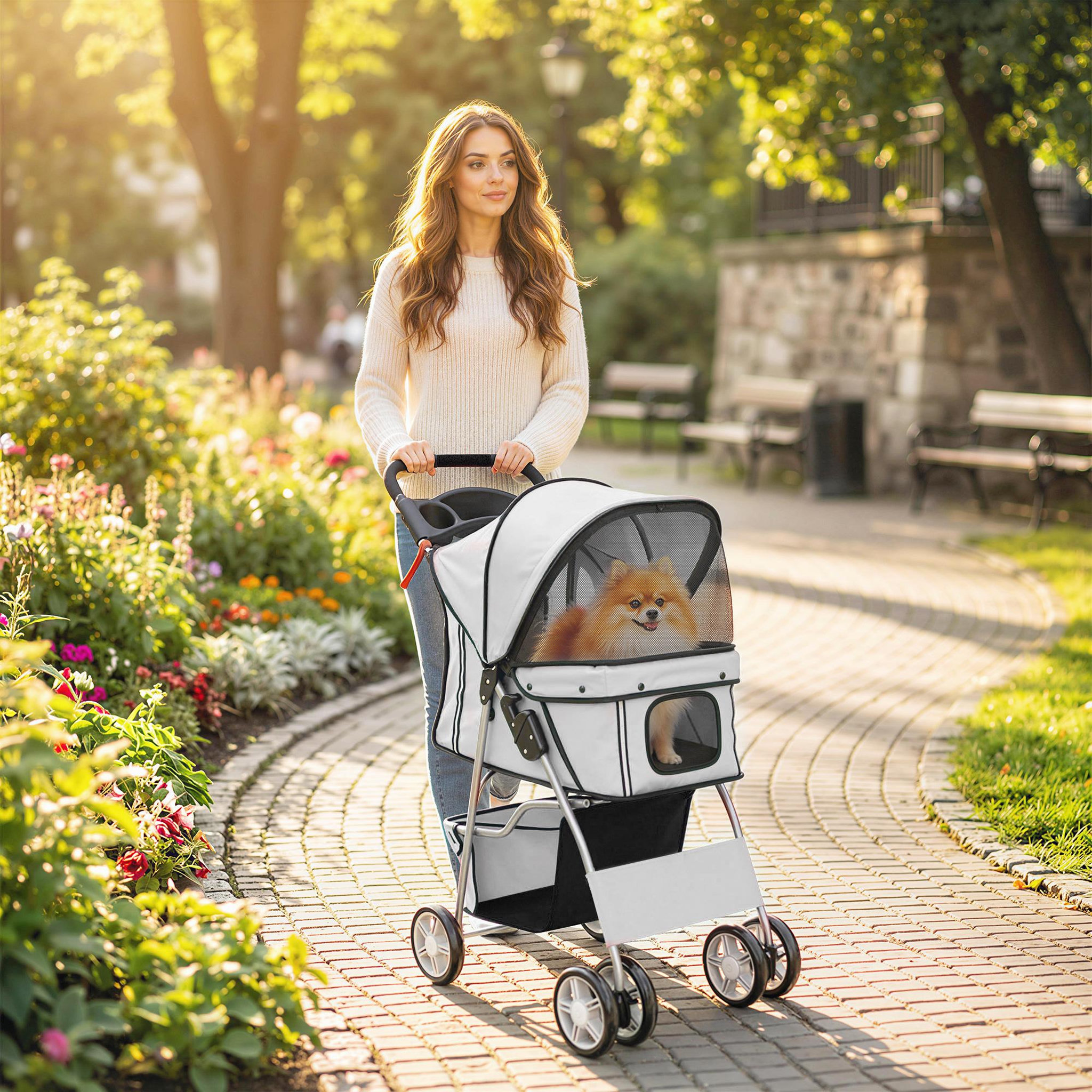 Voir la diapositive 2 : PAWHUT Poussette buggy pliable pour chiens tissu 600d oxford imperméable 4 roues gris clair