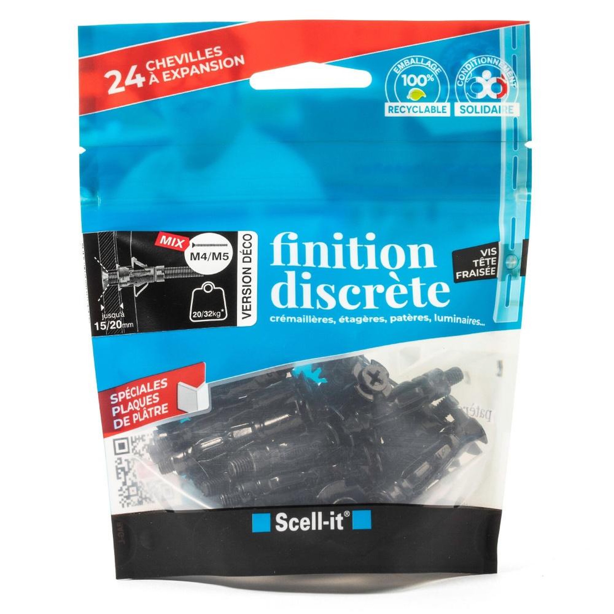 SCELL-IT Lot de 24 chevilles et vis à expansion scell-it, diam.4 et 5 x l.37 mm