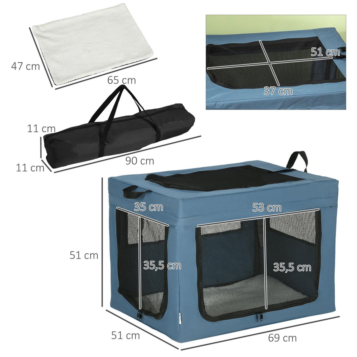 PAWHUT Sac de transport pliable pour chien chat - 2 poignées, 3 portes - dim. 69L x 51l x 51H cm - acier polyester bleu