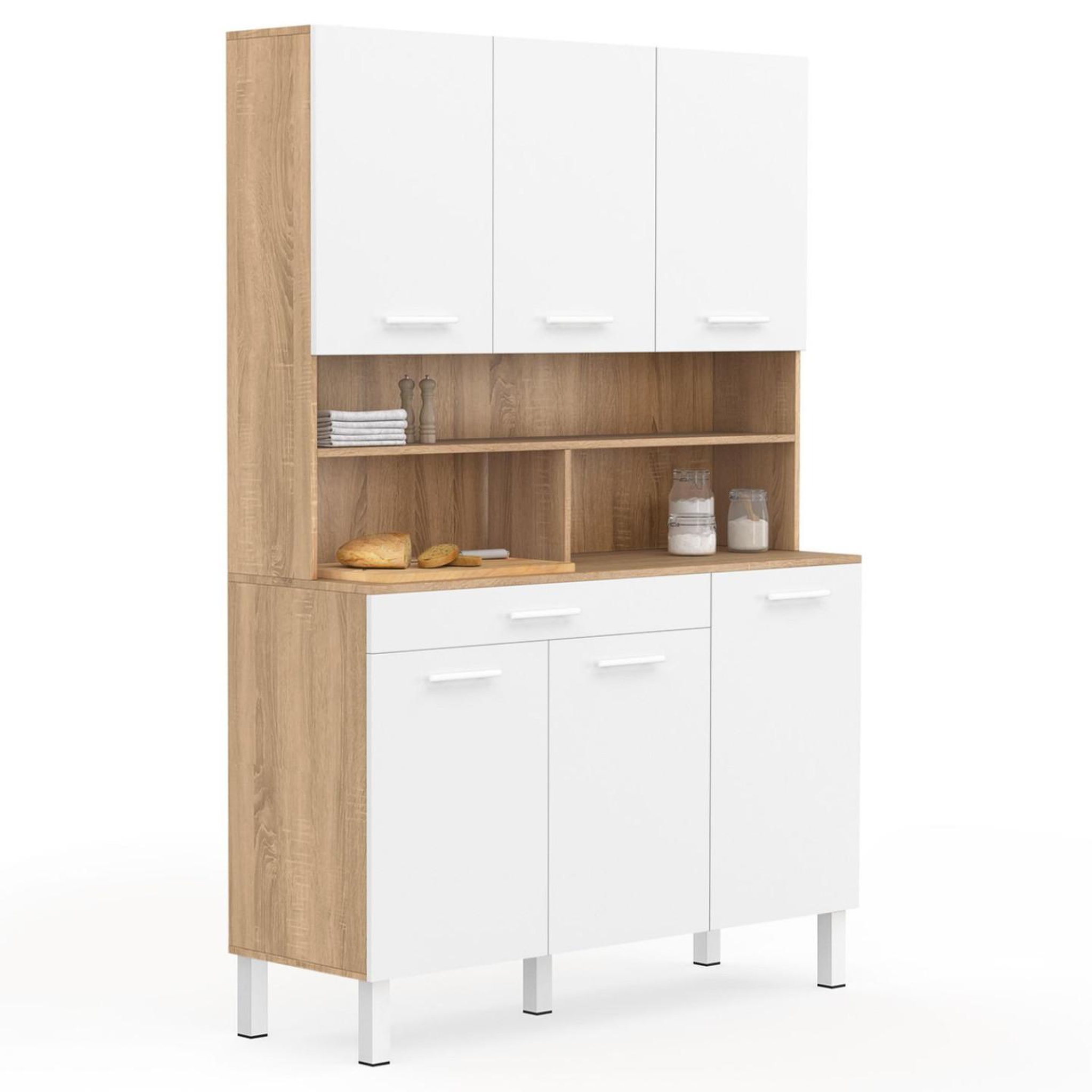 ID MARKET Buffet de cuisine 120 cm cina 6 portes + tiroir façon hêtre et blanc