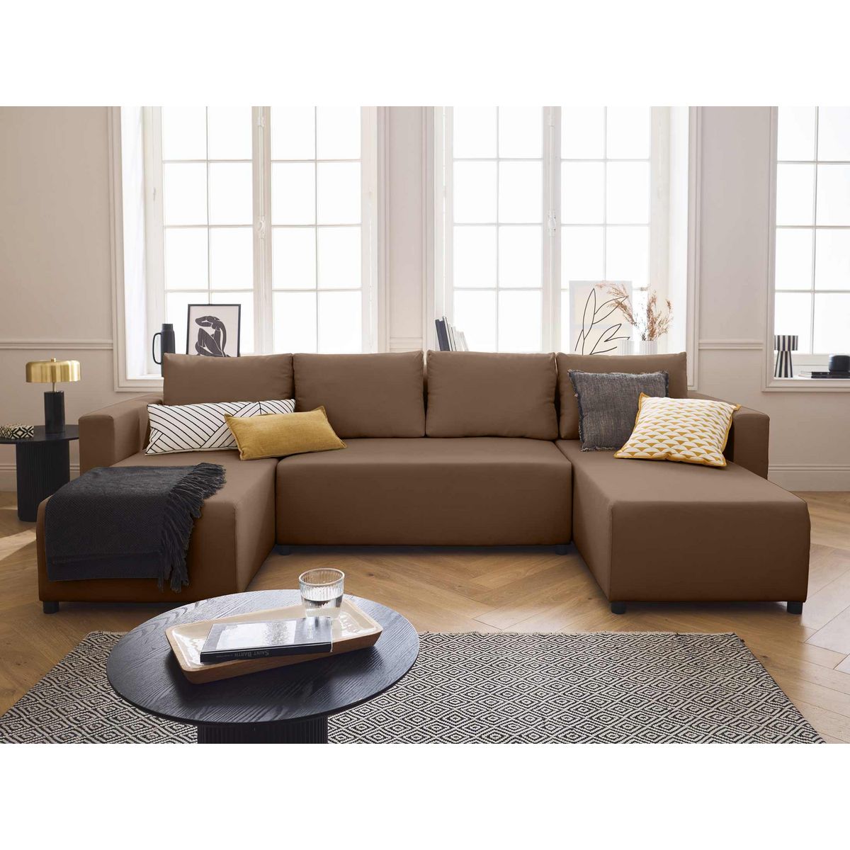 BEST MOBILIER Regala - canapé panoramique - 7 places - convertible avec coffre - en tissu