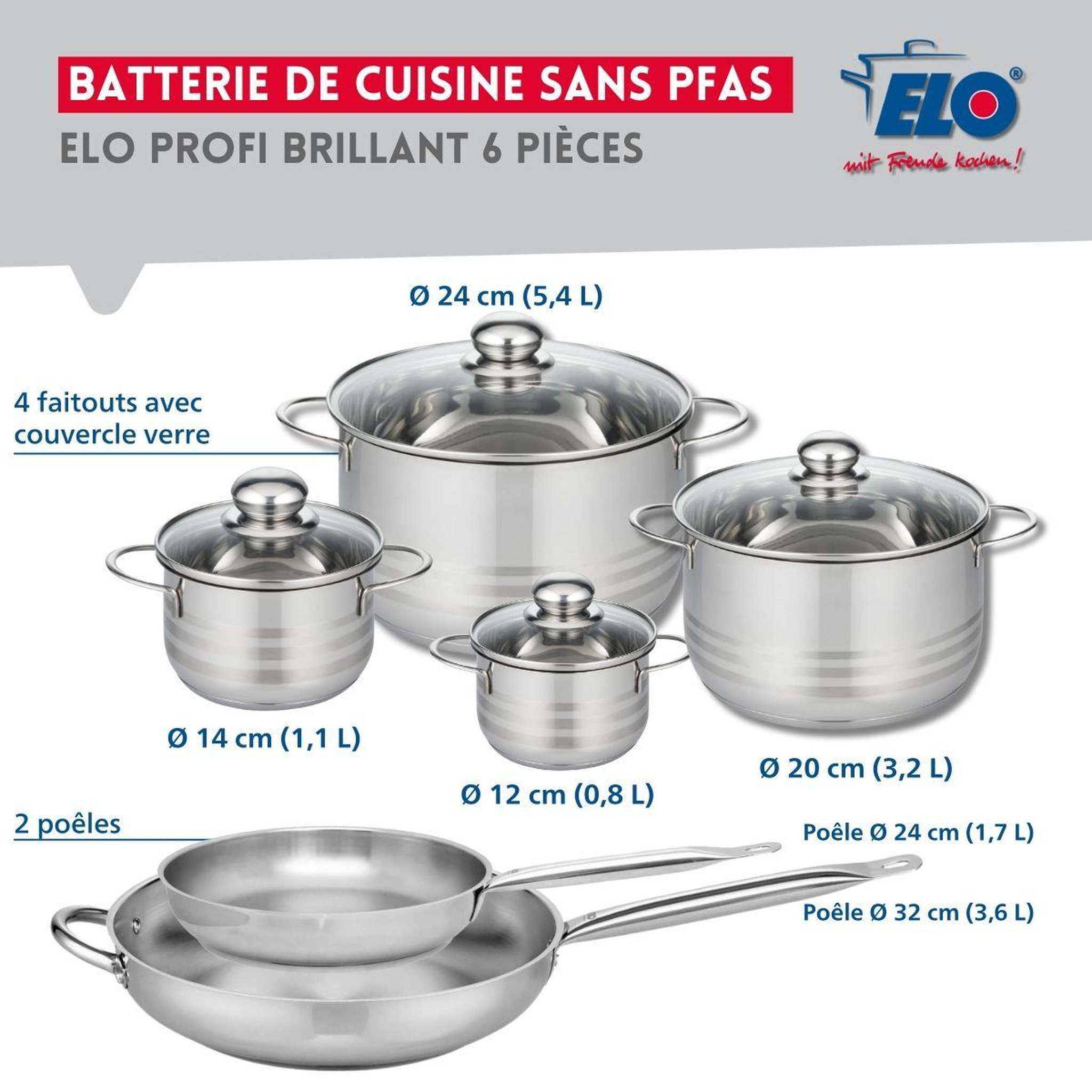 Voir la diapositive 2 : ELO Ensemble de 2 poêles de cuisson 24 et 32 cm et 4 faitouts 12, 14, 20 et 24 cm elo profi brillant