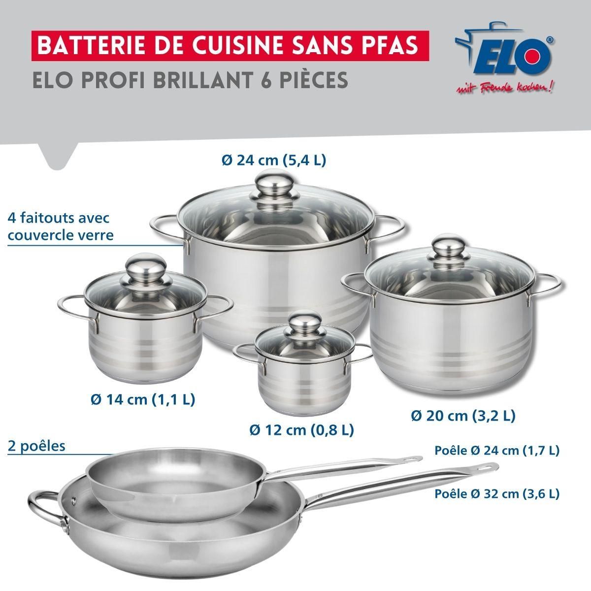ELO Ensemble de 2 Poêles de cuisson 24 et 32 cm et 4 faitouts 12, 14, 20 et 24 cm Elo Profi Brillant