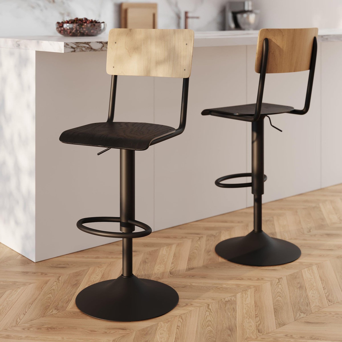Rendez vous déco Lot de 2 chaises de bar réglables 60/80 cm en bois clair et noir-Clem