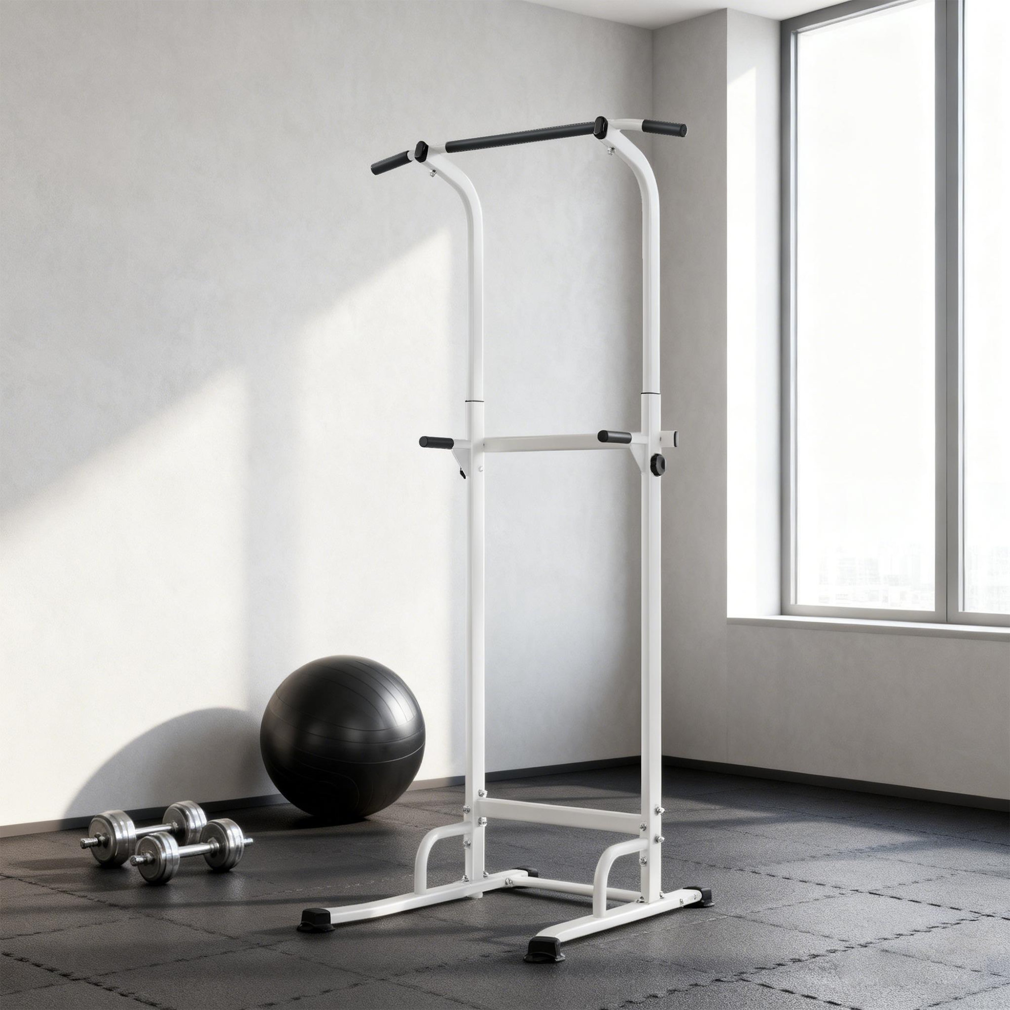 Voir la diapositive 2 : HOMCOM Station de traction et dips - barre de traction autoportante réglable h.176-227cm - acier blanc