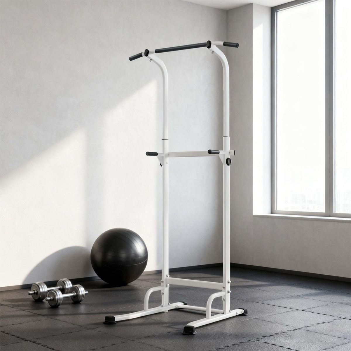 HOMCOM Station de traction et dips - barre de traction autoportante réglable H.176-227cm - acier blanc