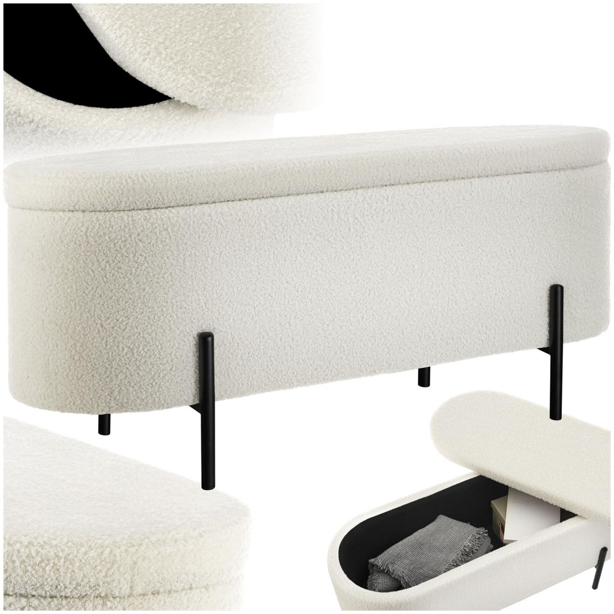 tectake Banc en tissu bouclé Bouclé crème/ blanc