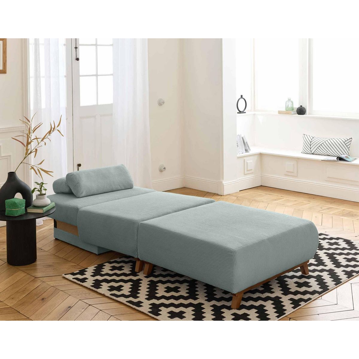 BEST MOBILIER Cristal - fauteuil - convertible avec coffre et grand pouf - en velours côtelé