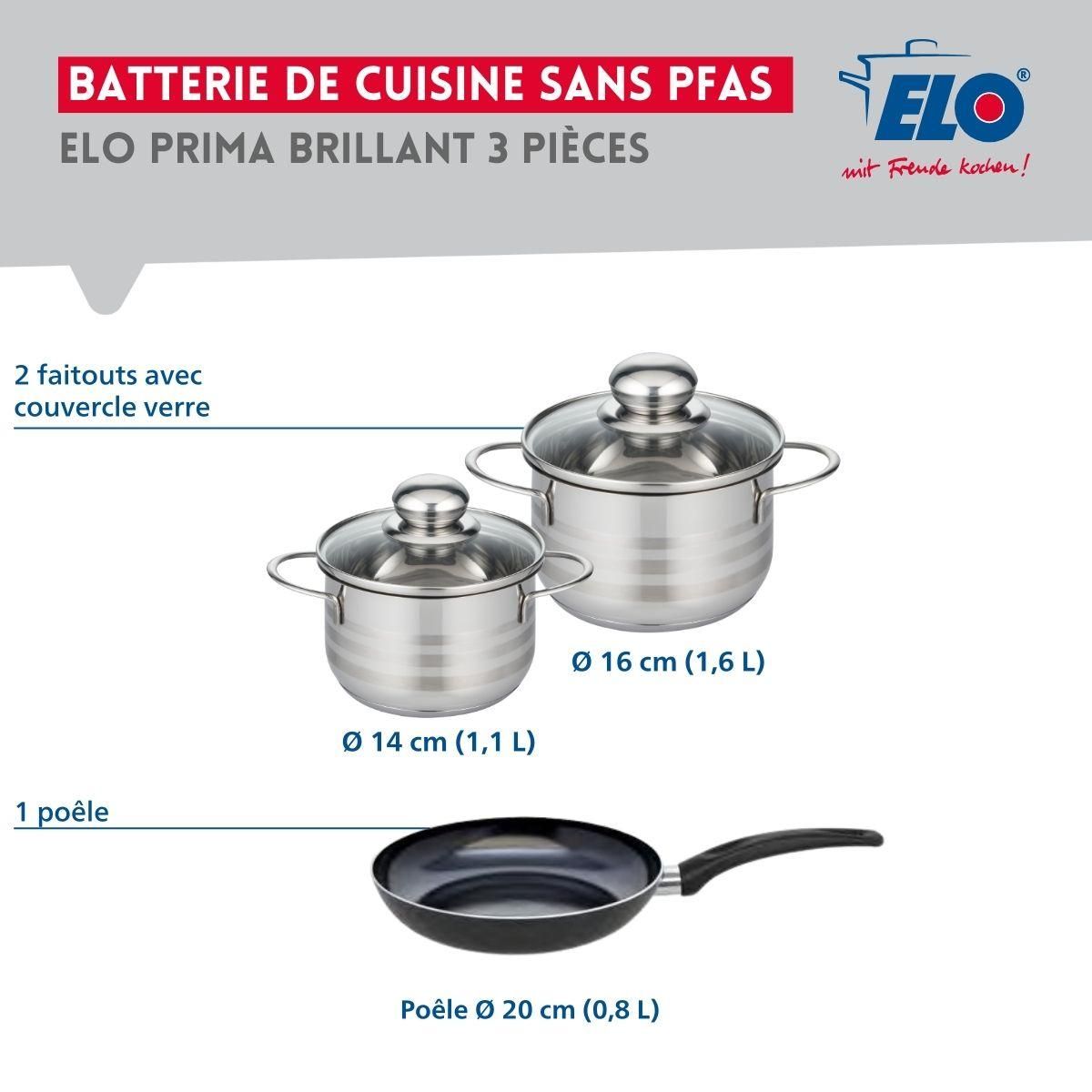 ELO Ensemble de 1 Poêle de cuisson 20 cm et 2 faitouts 14 et 16 cm Elo Prima Brillant