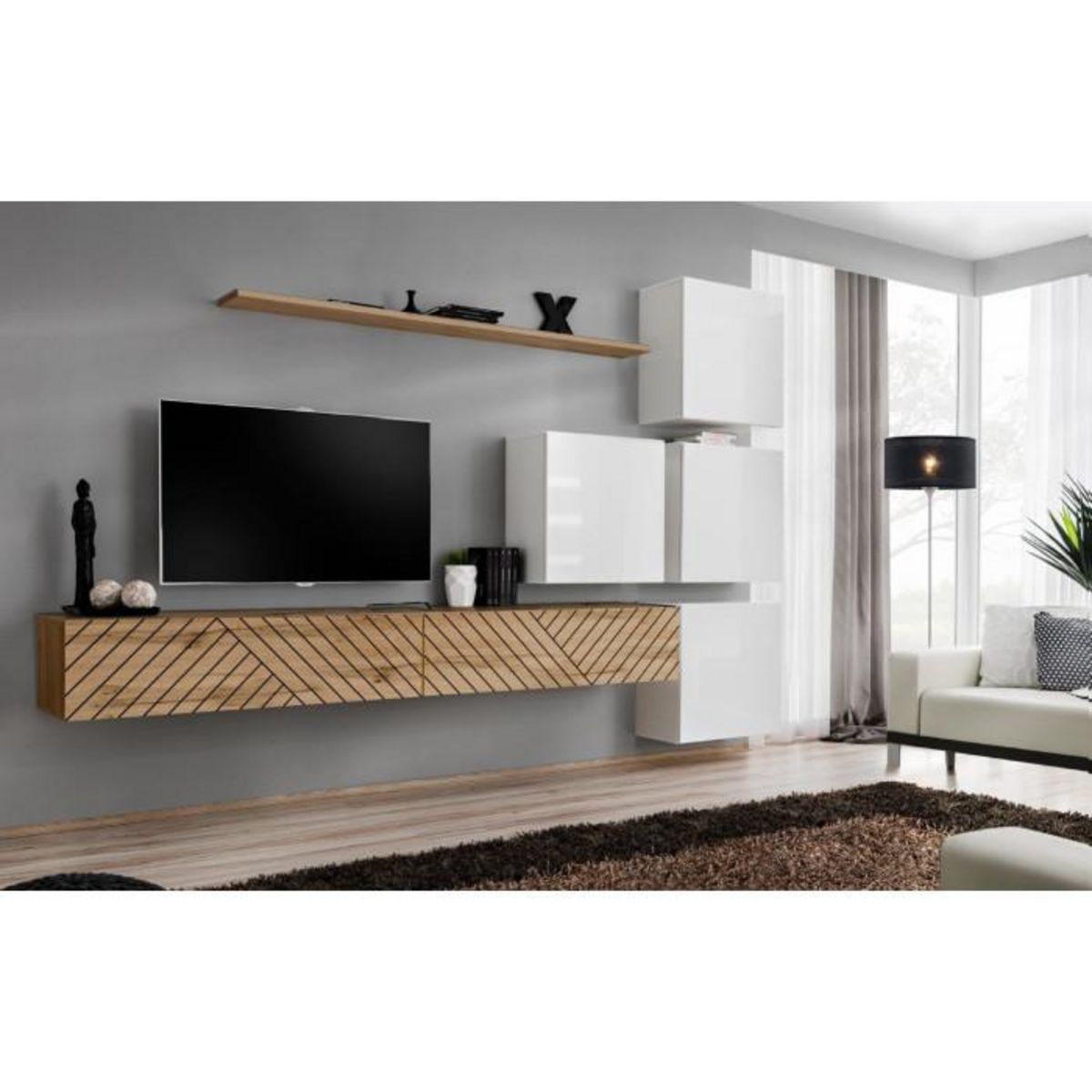 Paris Prix Ensemble Meuble TV  Switch Lamel IX  310cm Naturel & Blanc