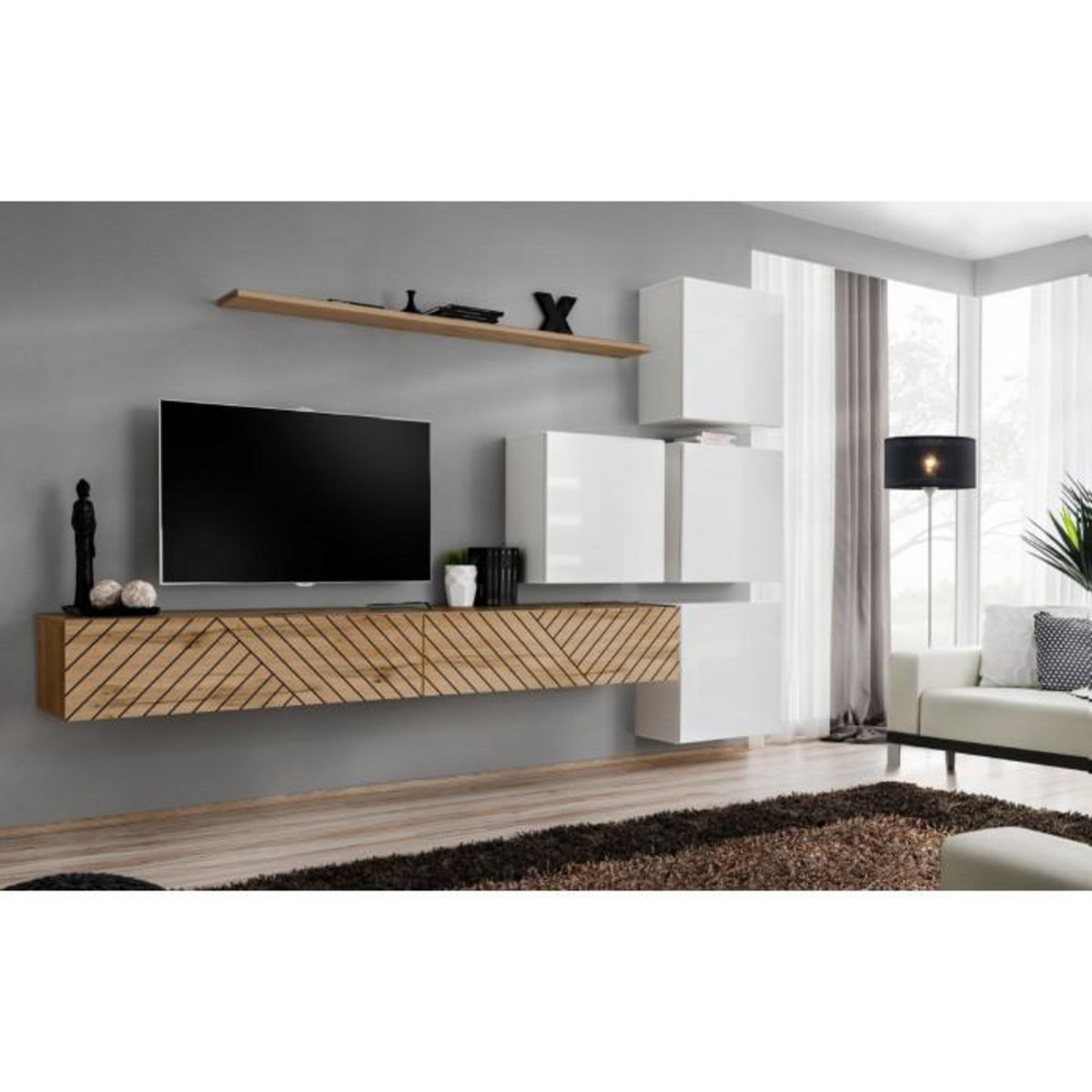 Paris Prix Ensemble Meuble TV  Switch Lamel IX  310cm Naturel & Blanc