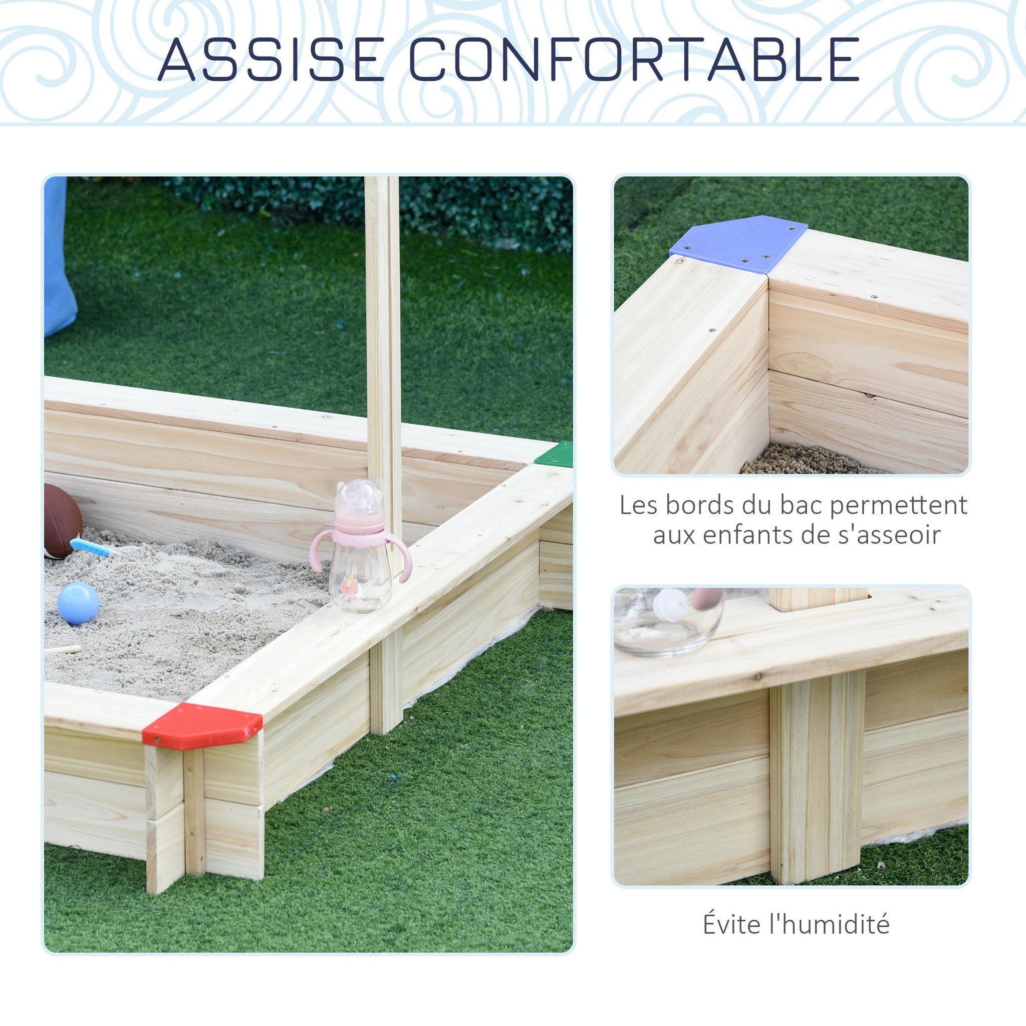 Voir la diapositive 5 : OUTSUNNY Bac à sable bois carré dim. 1,2L x 1,2l x 1,2H m - hauteur et inclinaison toit réglables - bois naturel de pin