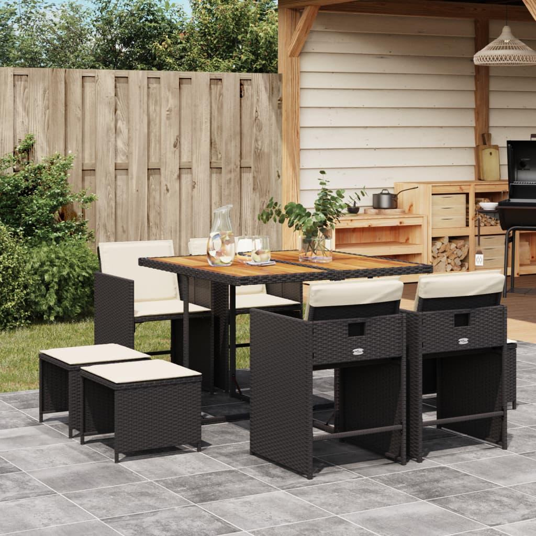 VIDAXL Ensemble a manger de jardin 9pcs coussins noir resine tressee