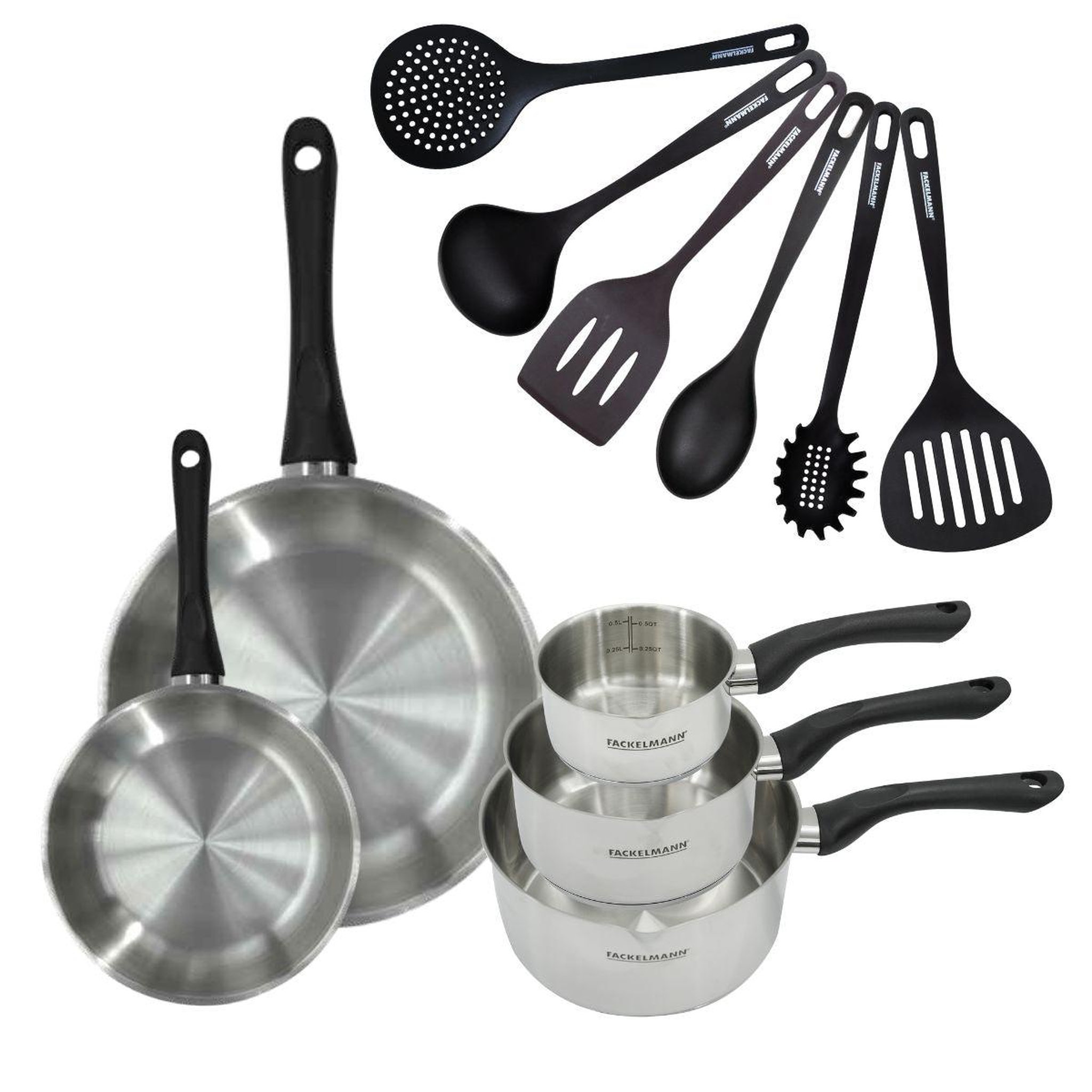 Fackelmann Set 2 poêles 20 et 28 cm 3 casseroles 12 16 et 20 cm en inox et 6 ustensiles fackelmann geneva