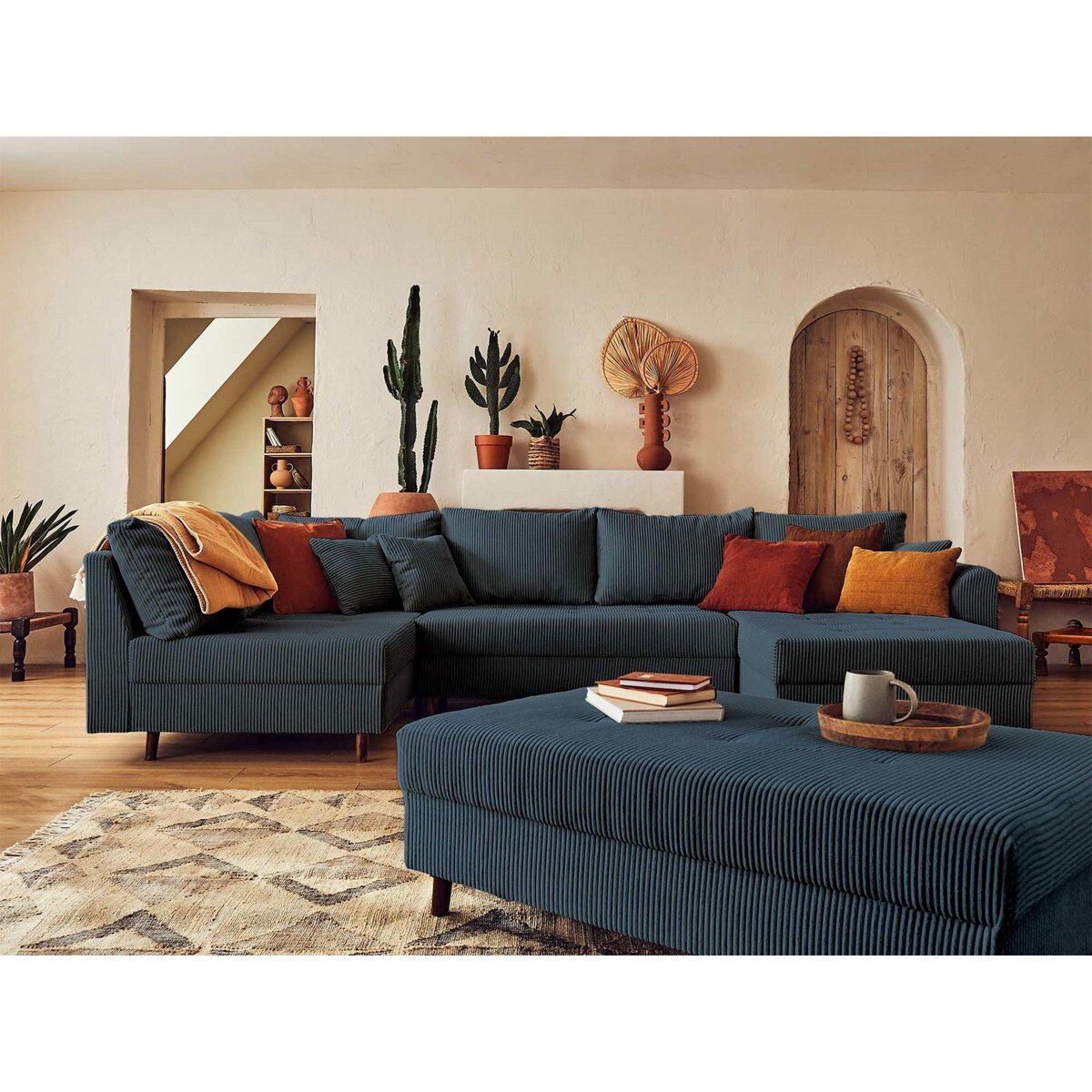 LISA DESIGN Rune - canapé panoramique d'angle gauche - 7 places - avec pouf d'appoint - en velours côtelé