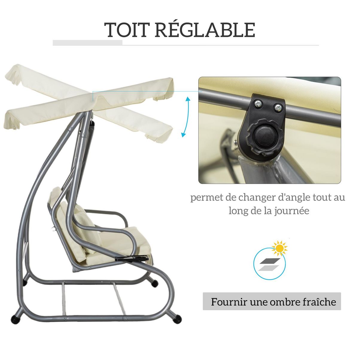 OUTSUNNY Balancelle de jardin 3 places convertible toit inclinaison réglable 2 tablettes support acier époxy gris polyester crème