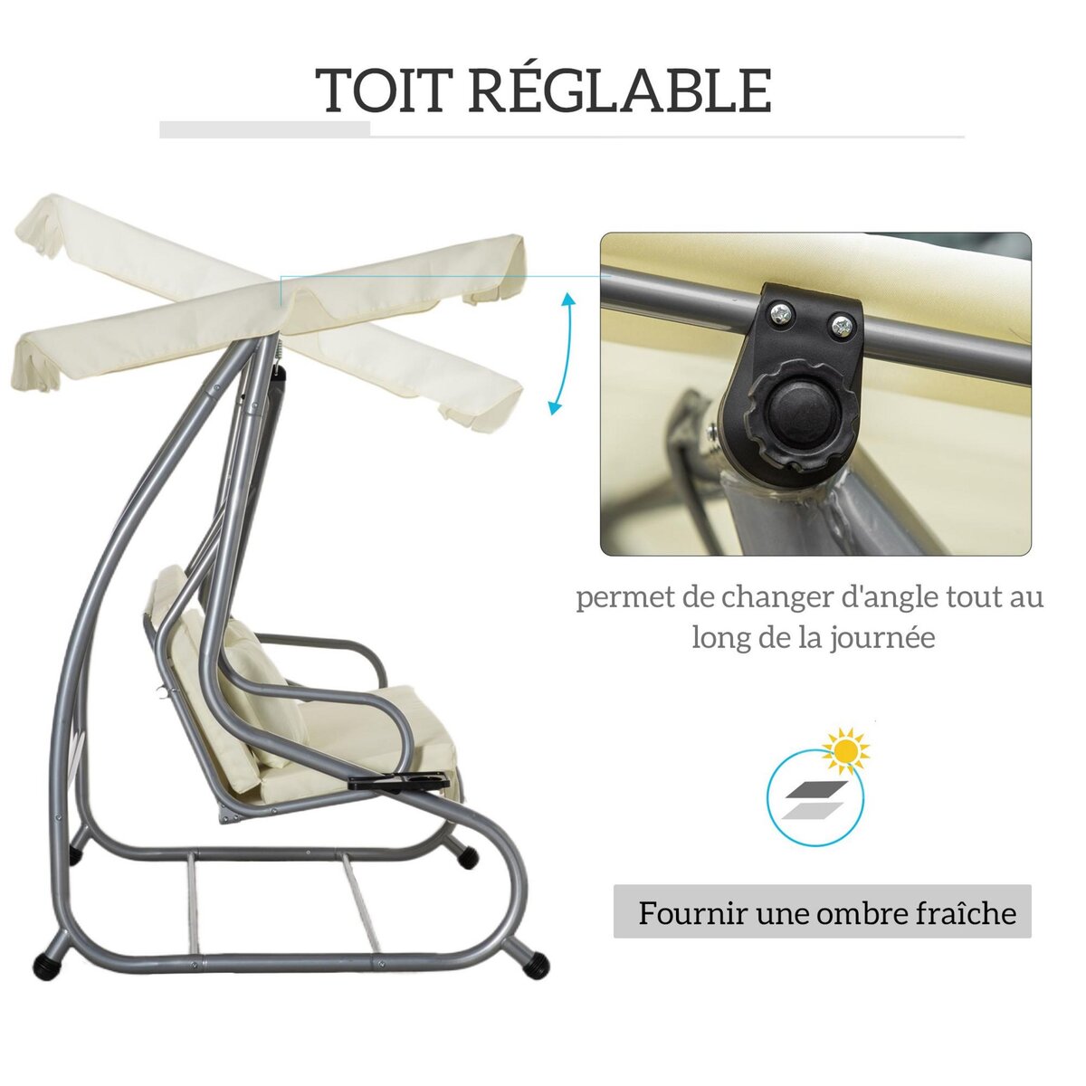 OUTSUNNY Balancelle de jardin 3 places convertible toit inclinaison réglable 2 tablettes support acier époxy gris polyester crème