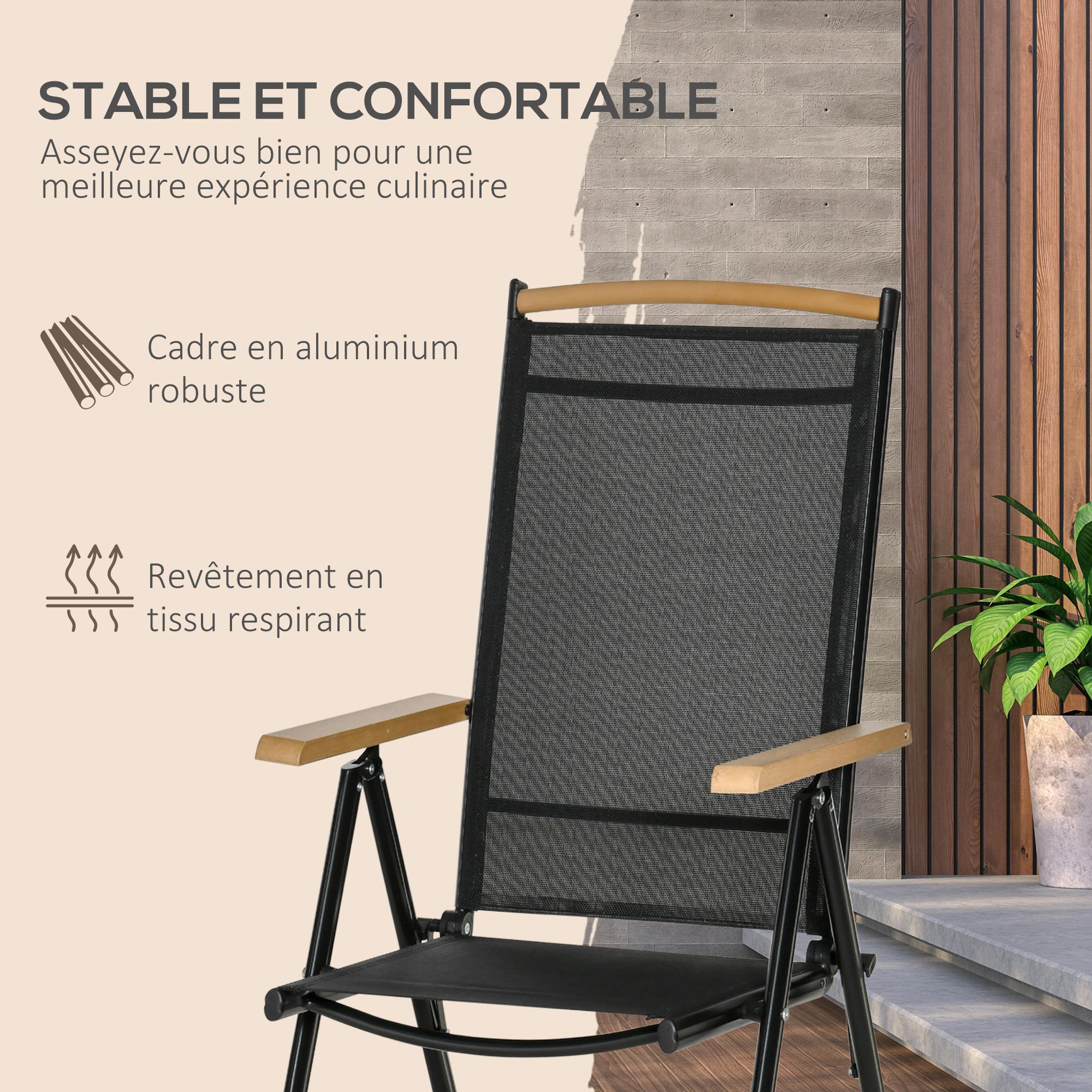 Voir la diapositive 6 : OUTSUNNY Ensemble table de jardin 6 personnes - chaises pliables inclinables accoudoirs - alu textilène noir plastique effet bois